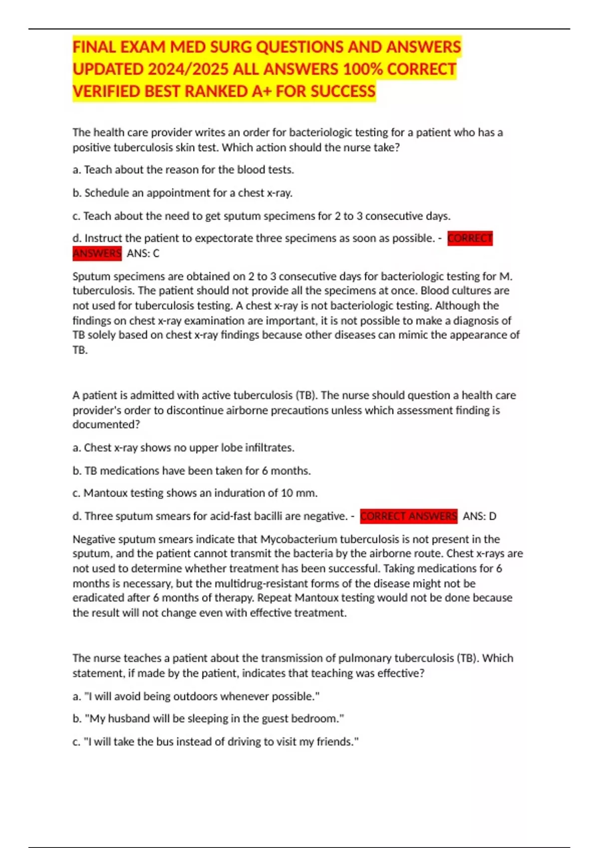 FINAL EXAM MED SURG QUESTIONS AND ANSWERS UPDATED 2024/2025 ALL ANSWERS ...