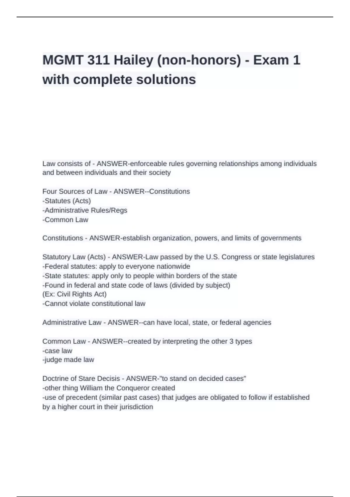 MGMT 311 Hailey (non-honors) Exam with complete solutions