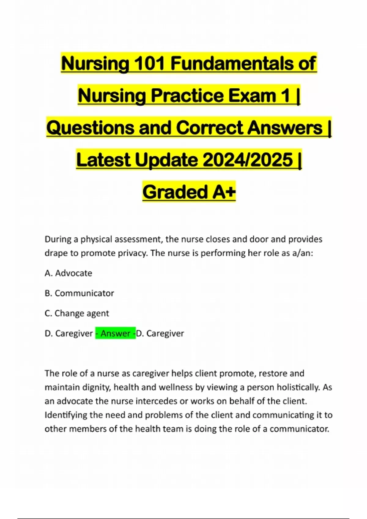 Nursing 101 Fundamentals of Nursing Practice Exam 1 | Questions and ...