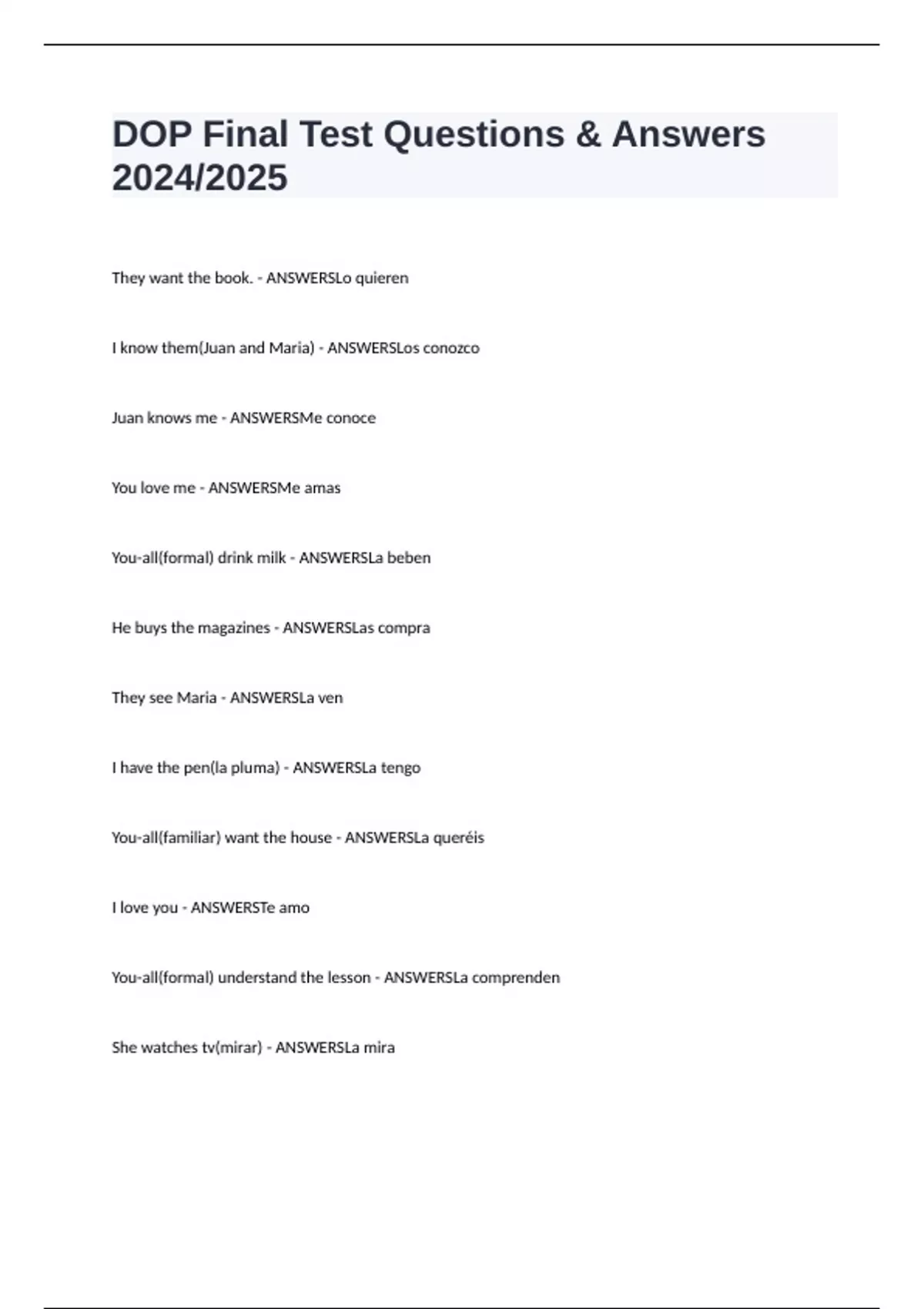 DOP Final Test Questions & Answers 2024/2025 - DOP - Stuvia US