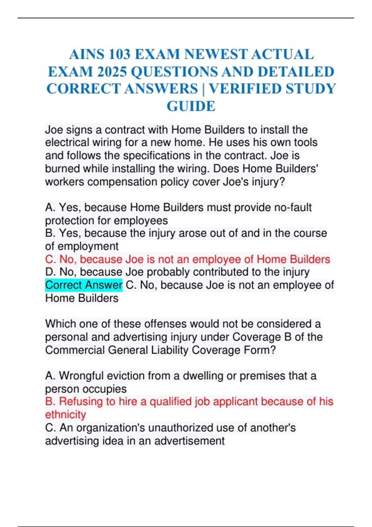 AINS 103 EXAM NEWEST ACTUAL EXAM 2025 QUESTIONS AND DETAILED CORRECT ...
