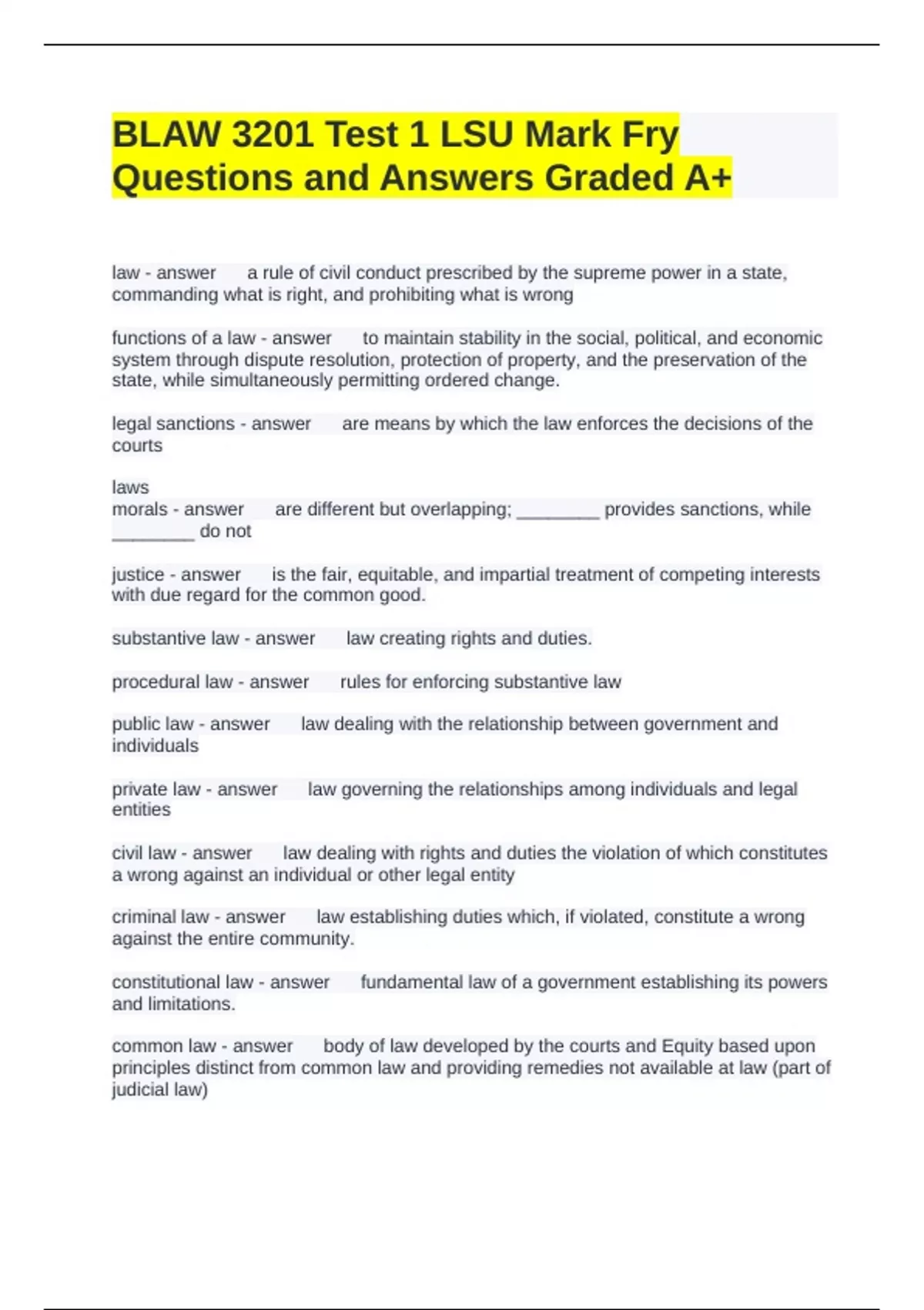 BLAW 3201 Test 1 LSU Mark Fry Questions and Answers Graded A+ - Blaw ...