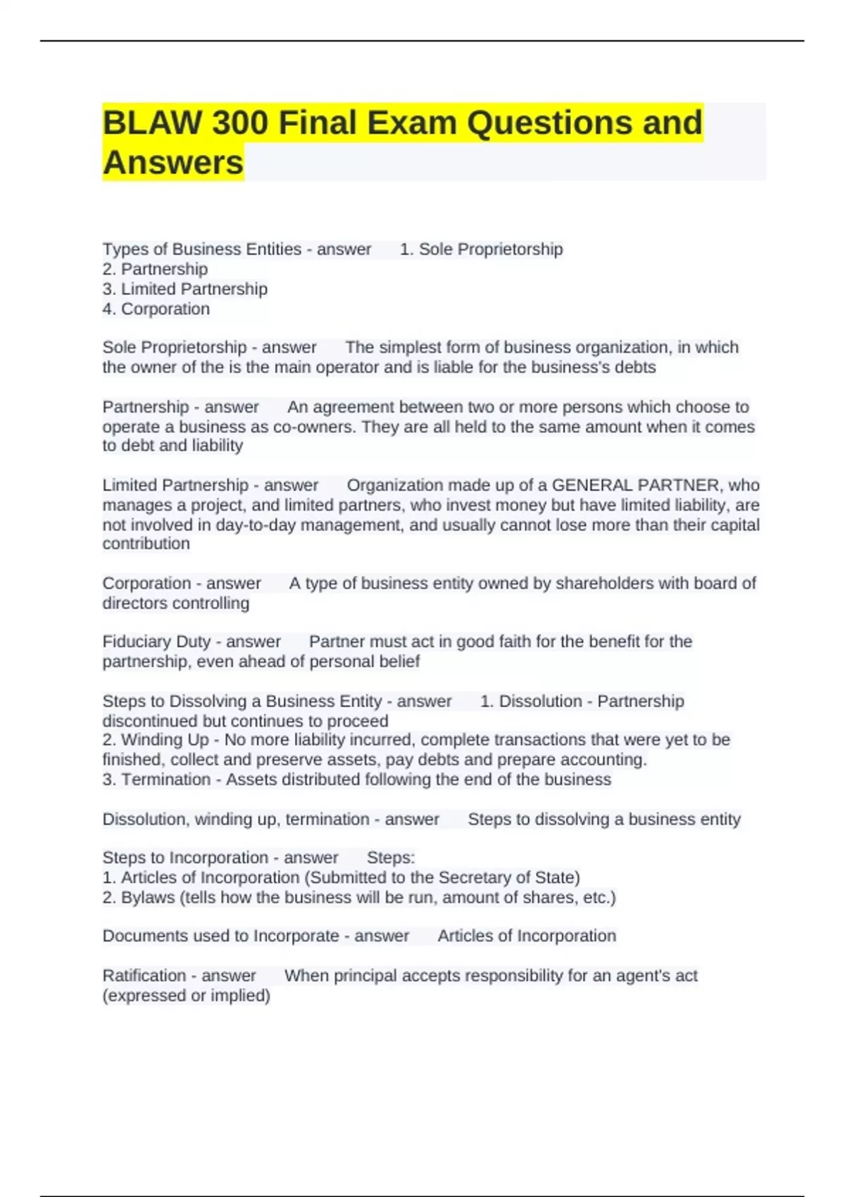 BLAW 300 Final Exam Questions and Answers - Blaw - Stuvia US