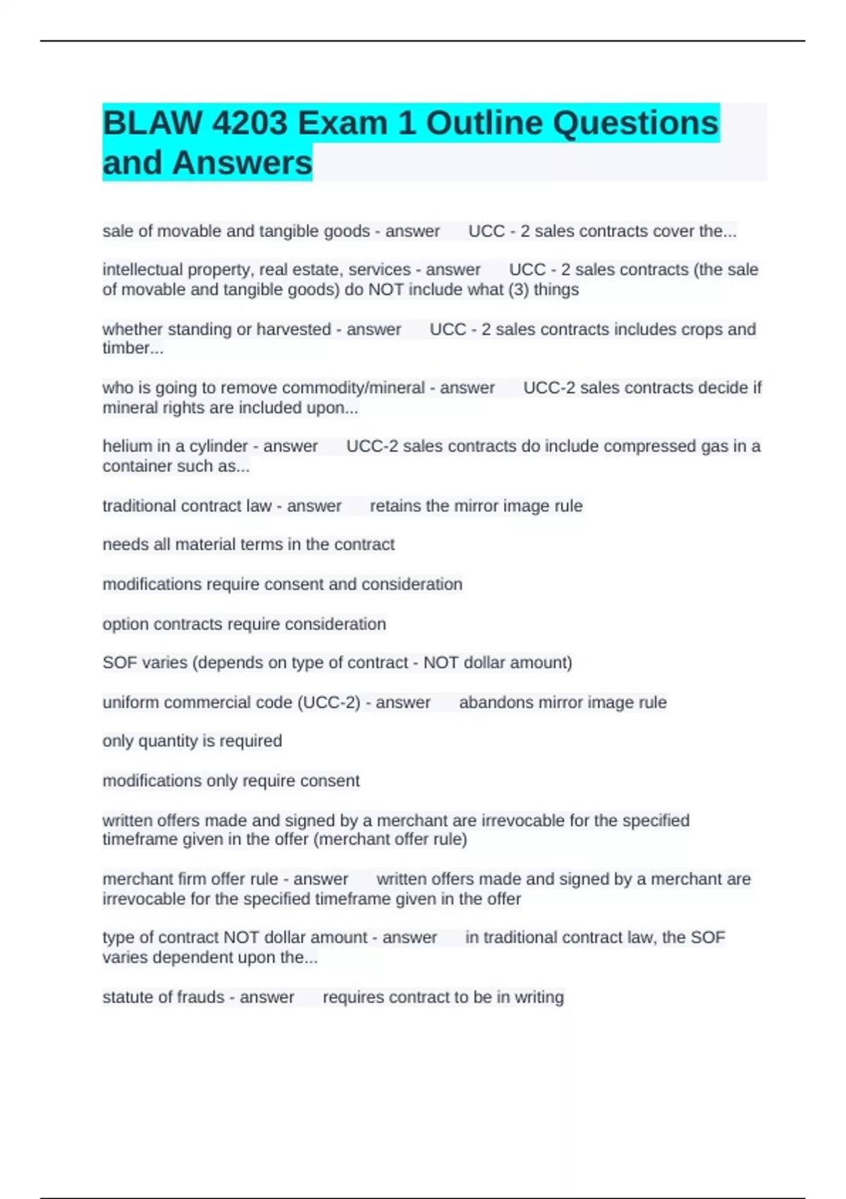 BLAW 4203 Exam 1 Outline Questions and Answers - Blaw - Stuvia US
