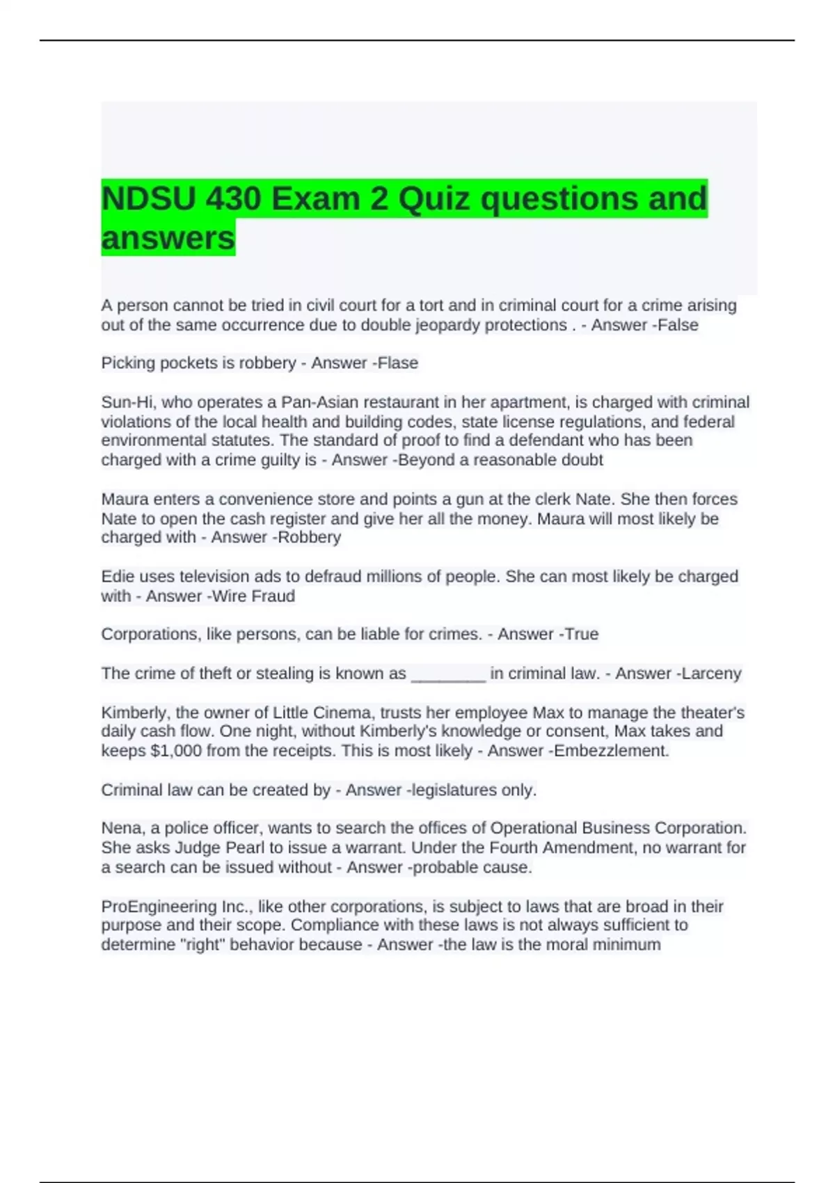 NDSU 430 Exam 2 Quiz questions and answers - NDSU - Stuvia US