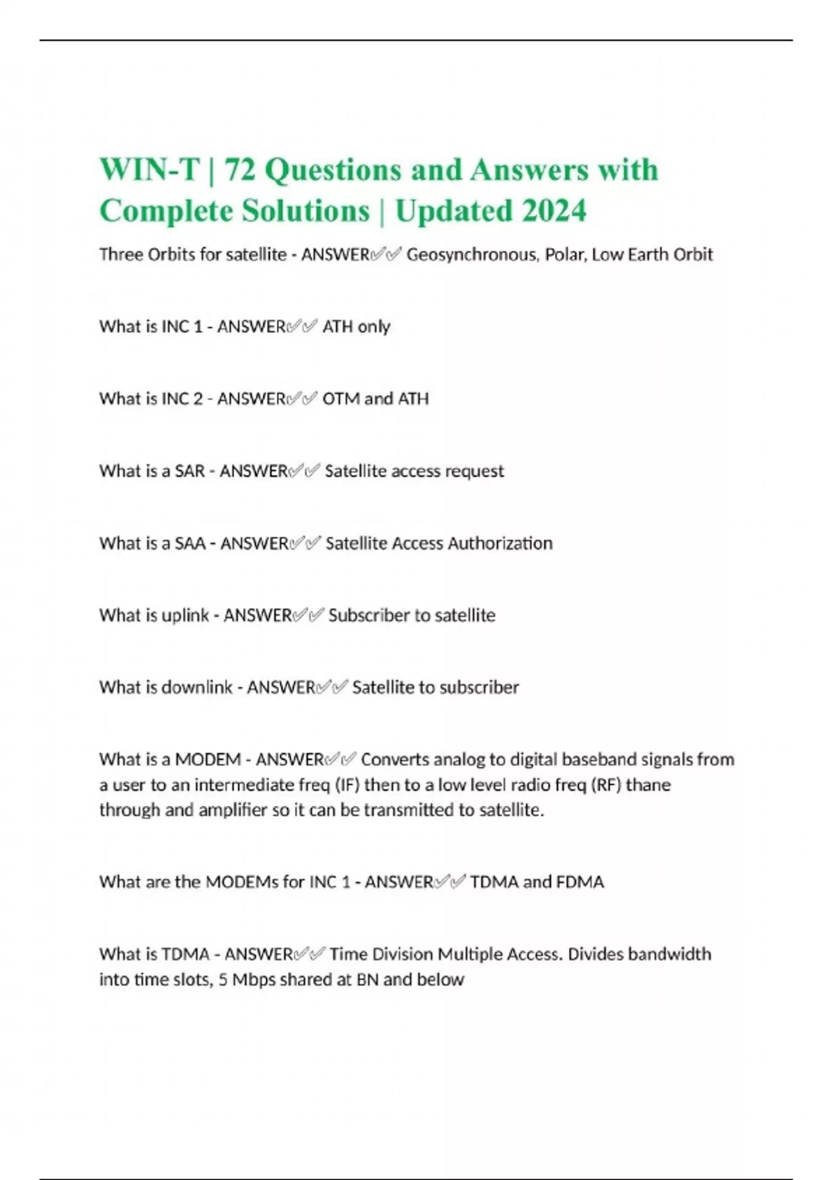 WIN-T | 72 Questions and Answers with Complete Solutions | Updated 2024 ...