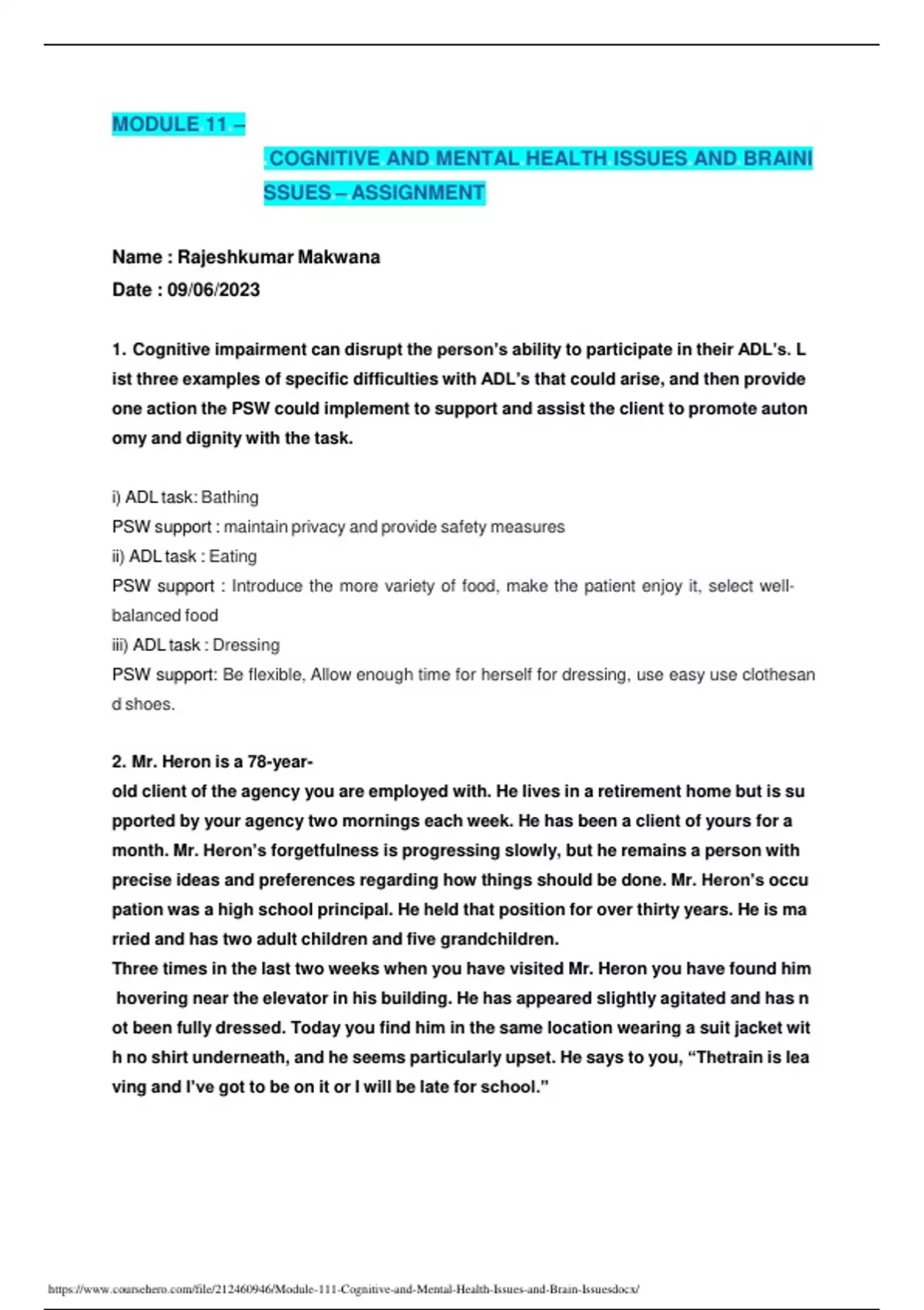 Module 11 – Cognitive and Mental Health Issues and Brain Issues ...