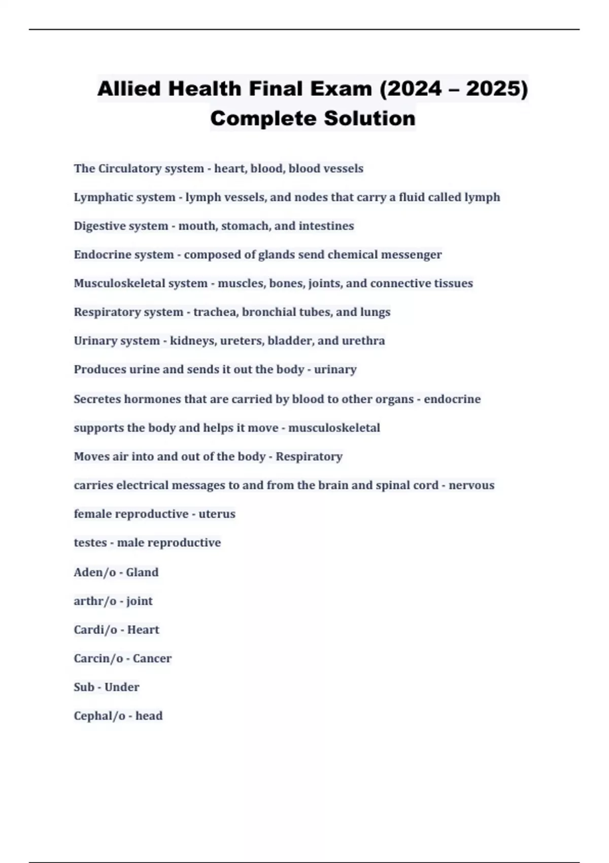 Allied Health Final Exam (2024 – 2025) Complete Solution - Allied ...