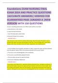 Foundations EXAM NURSING FINAL EXAM 2024 AND PRACTICE QUESTIONS  &vert;ACCURATE ANSWERS&vert; VERIFIED FOR  GUARANTEED PASS &vert;GRADED A &vert;NEW  VERSION WITH 150 QUESTIONS