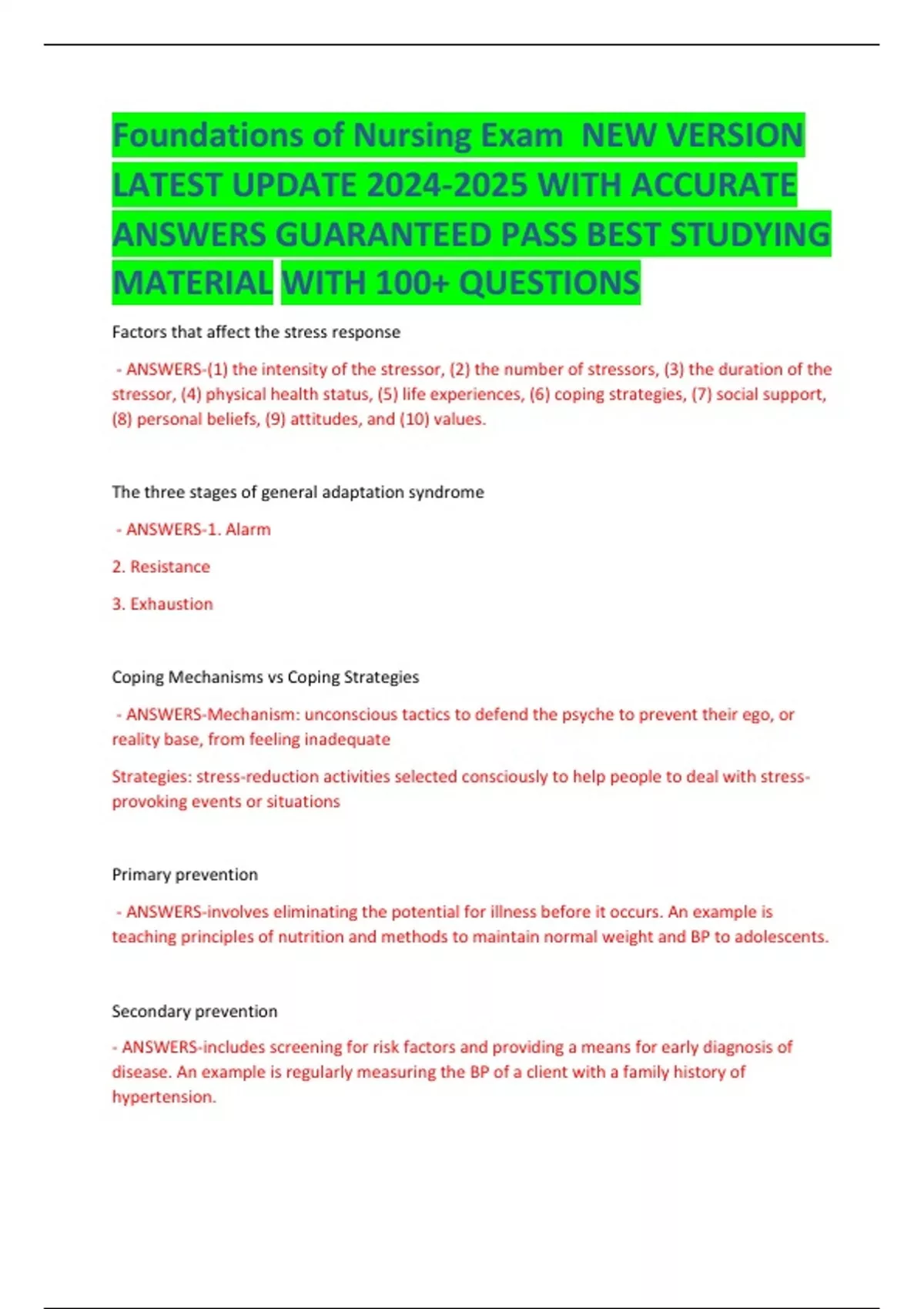 Foundations of Nursing Exam NEW VERSION LATEST UPDATE WITH ACCURATE ...
