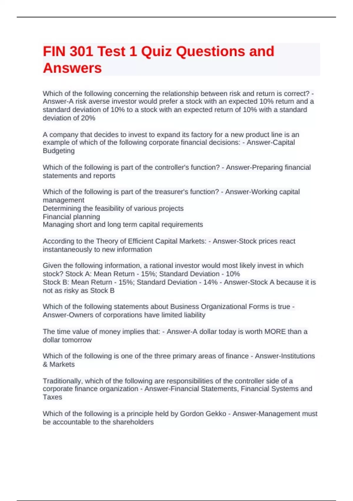 FIN 301 Test 1 Quiz Questions and Answers - FIN 301 - Stuvia US