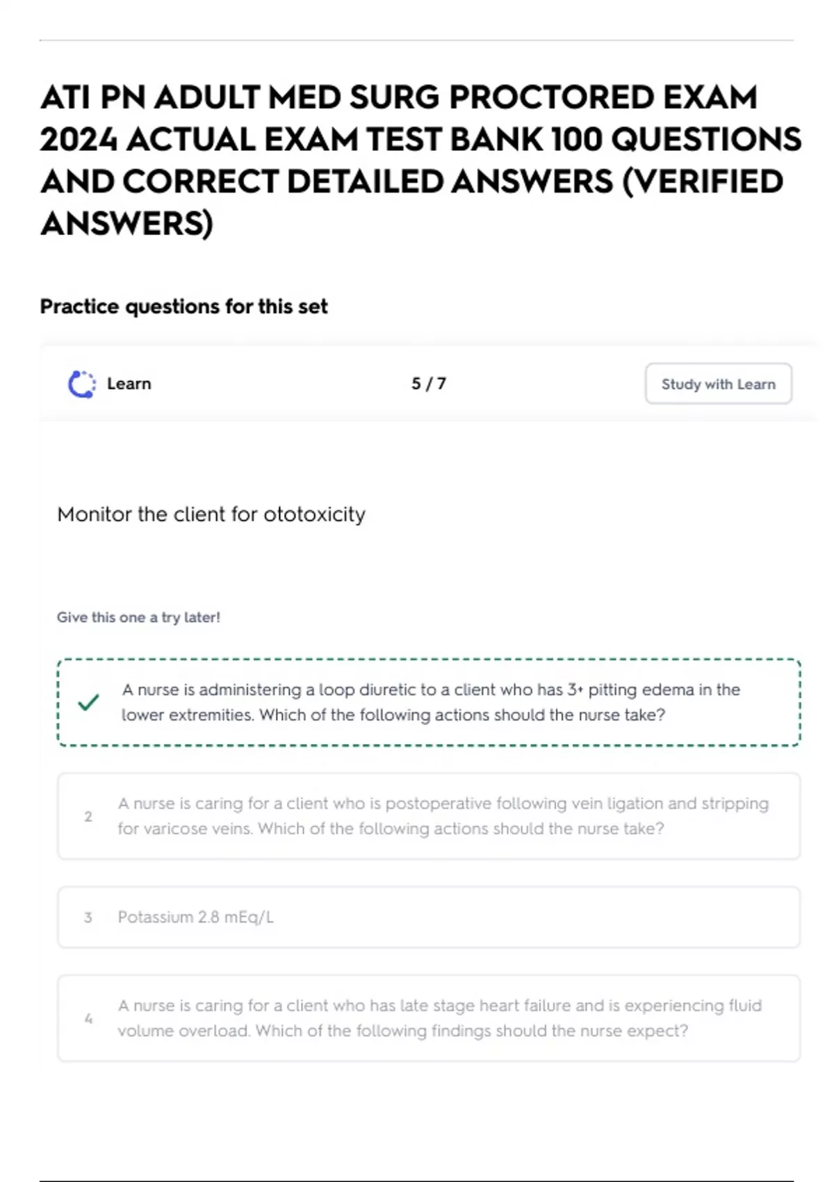 ATI PN ADULT MED SURG PROCTORED EXAM 2024 ACTUAL EXAM TEST BANK 100