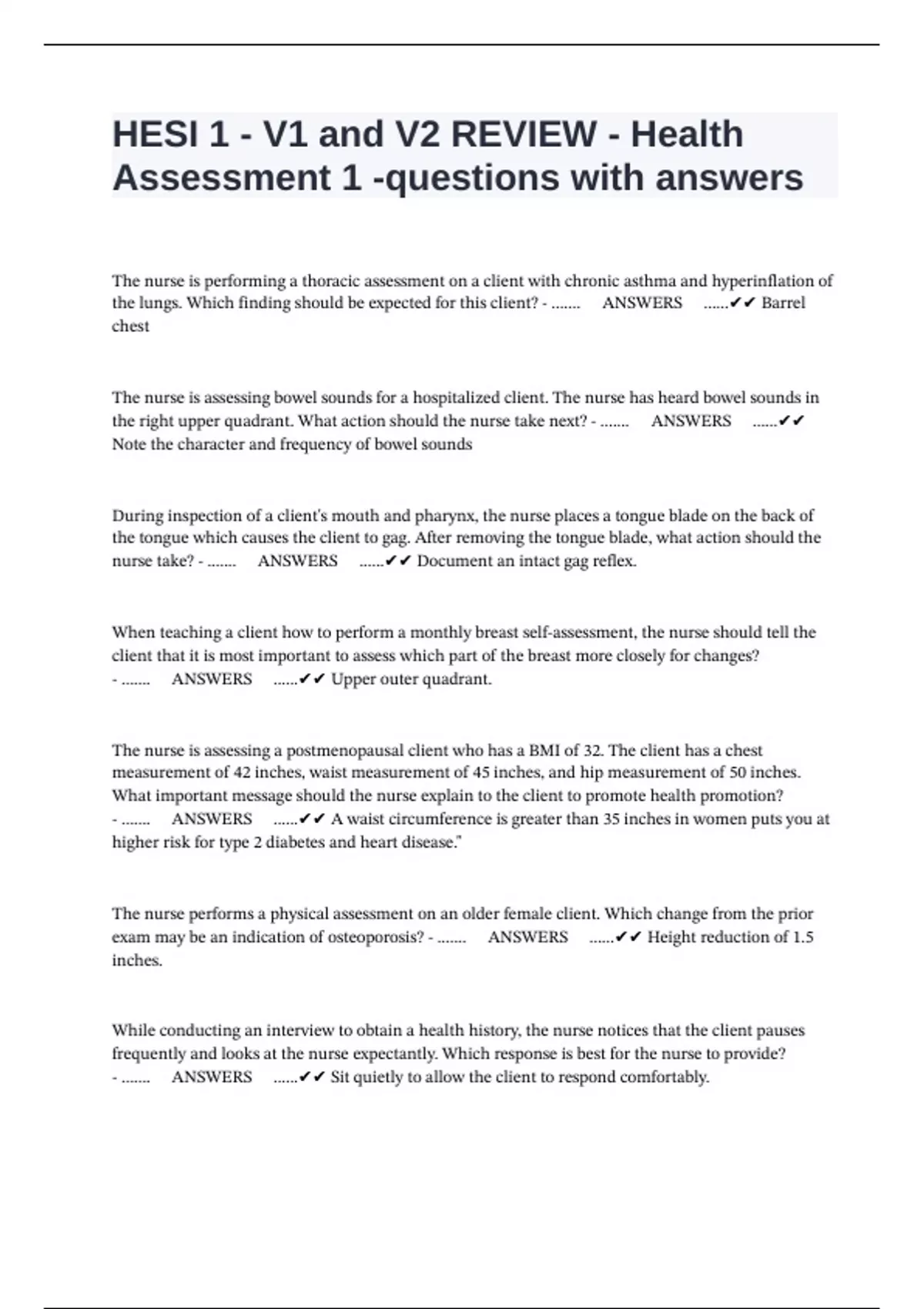 HESI 1 - V1 and V2 REVIEW - Health Assessment 1 -questions with answers ...