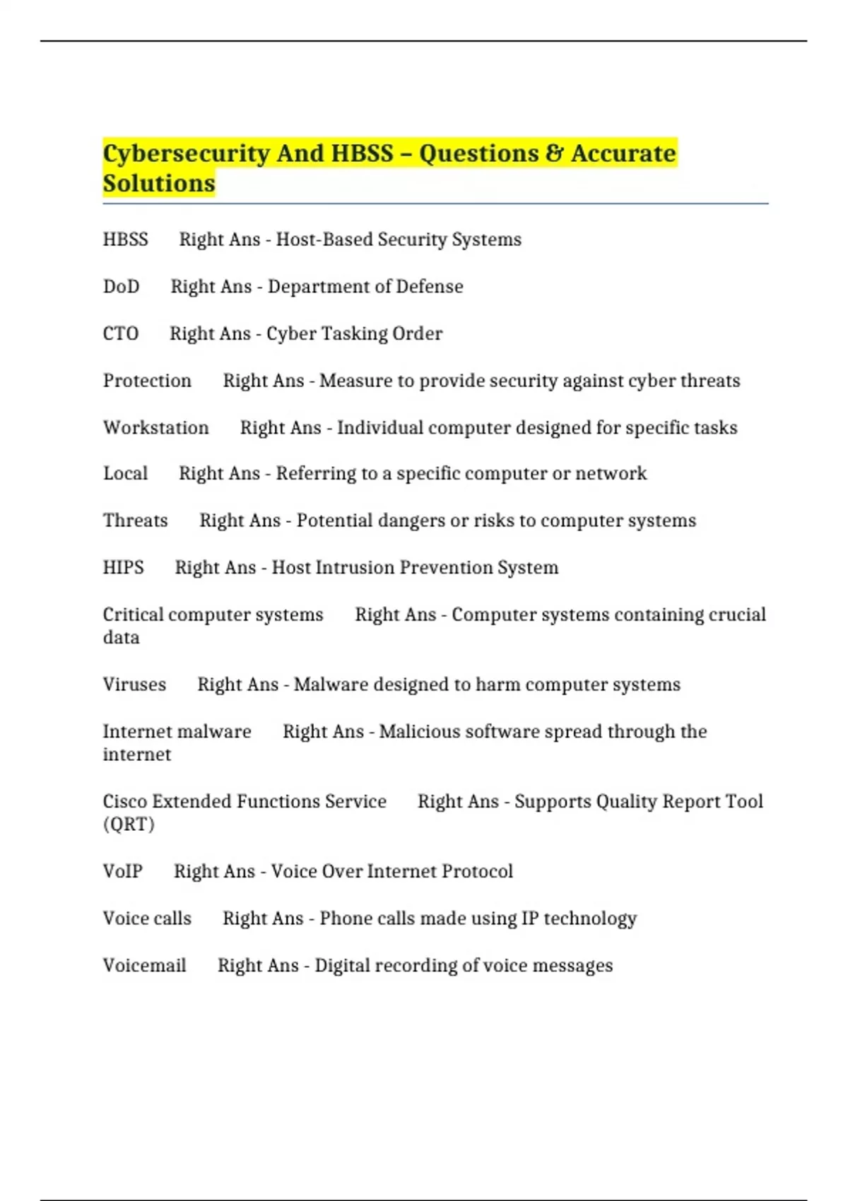 Cybersecurity And HBSS – Questions & Accurate Solutions - HBSS - Stuvia US