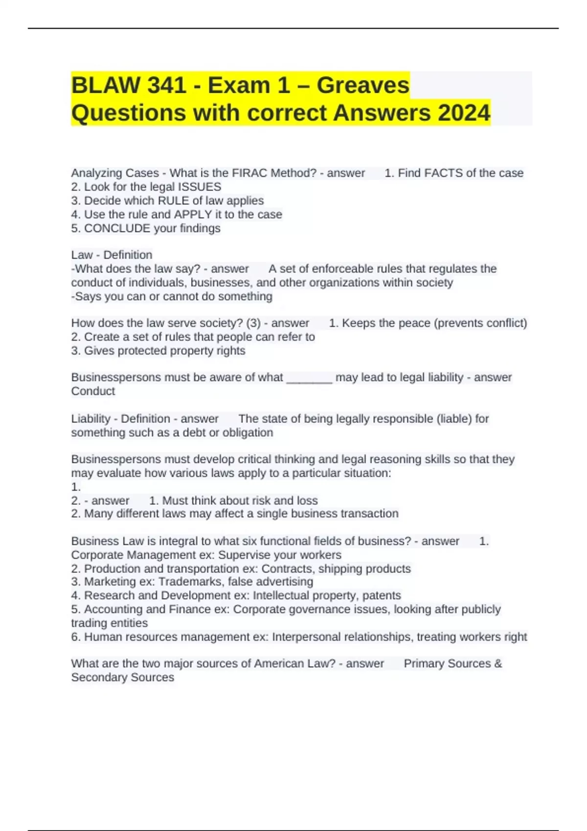 BLAW 341 - Exam 1 – Greaves Questions with correct Answers 2024 - Blaw ...