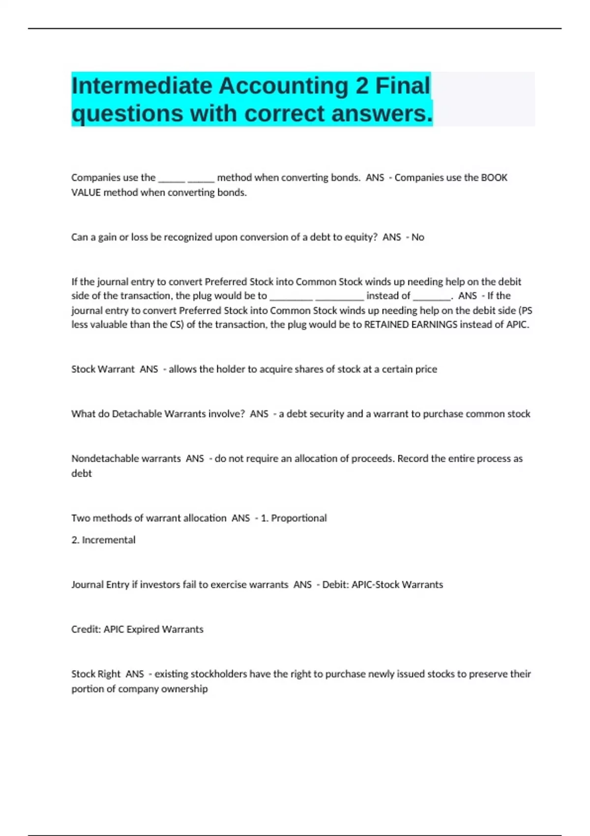 Intermediate Accounting 2 Final questions with 100% correct answers ...