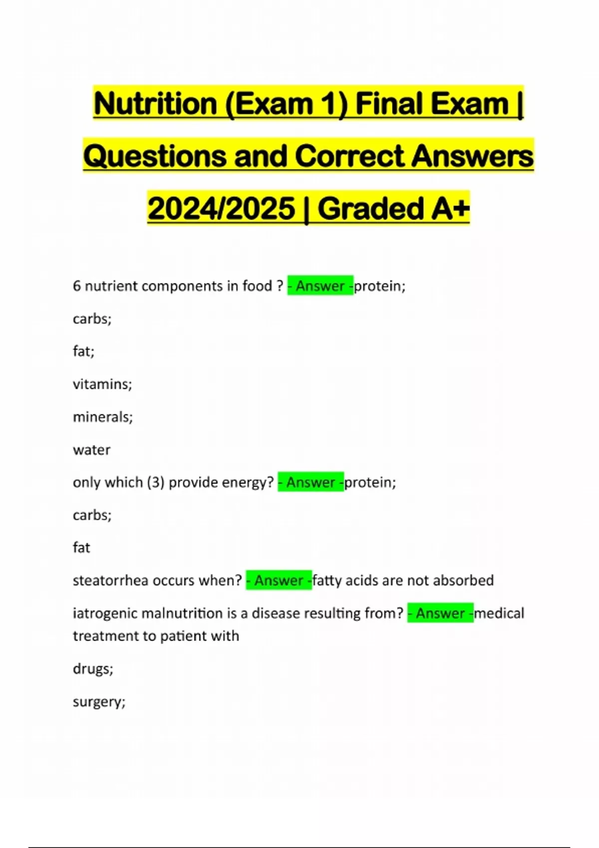 Nutrition Exam 1 Final Exam Questions And Correct Answers 2024 2025