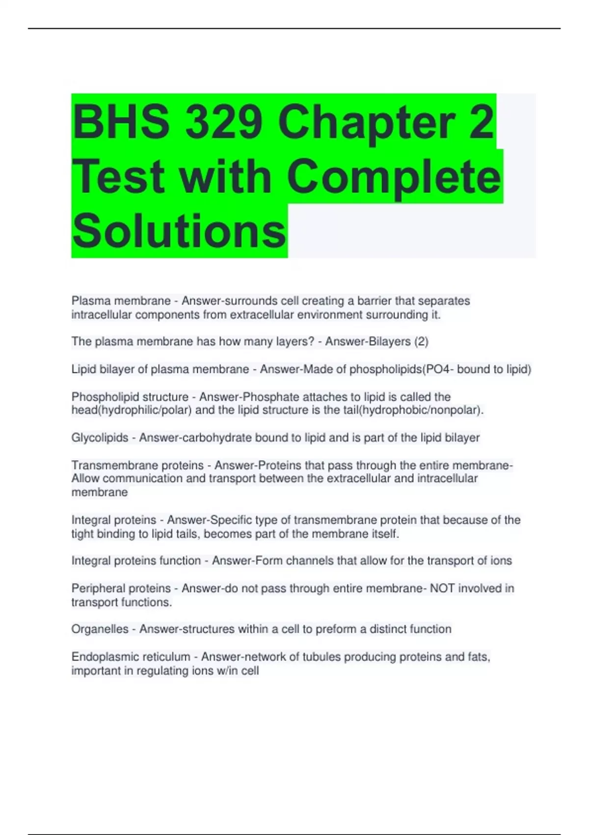 BHS 329 Chapter 2 Test with Complete Solutions - BHS 329 - Stuvia US