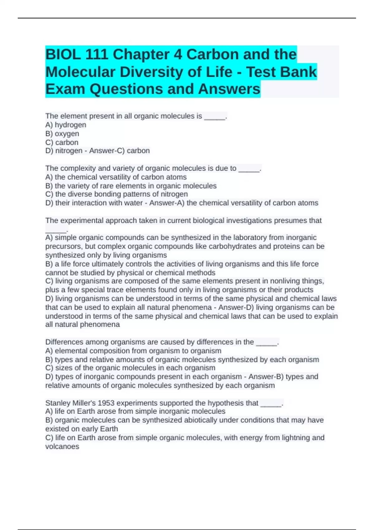 BIOL 111 Chapter 4 Carbon and the Molecular Diversity of Life - Test ...