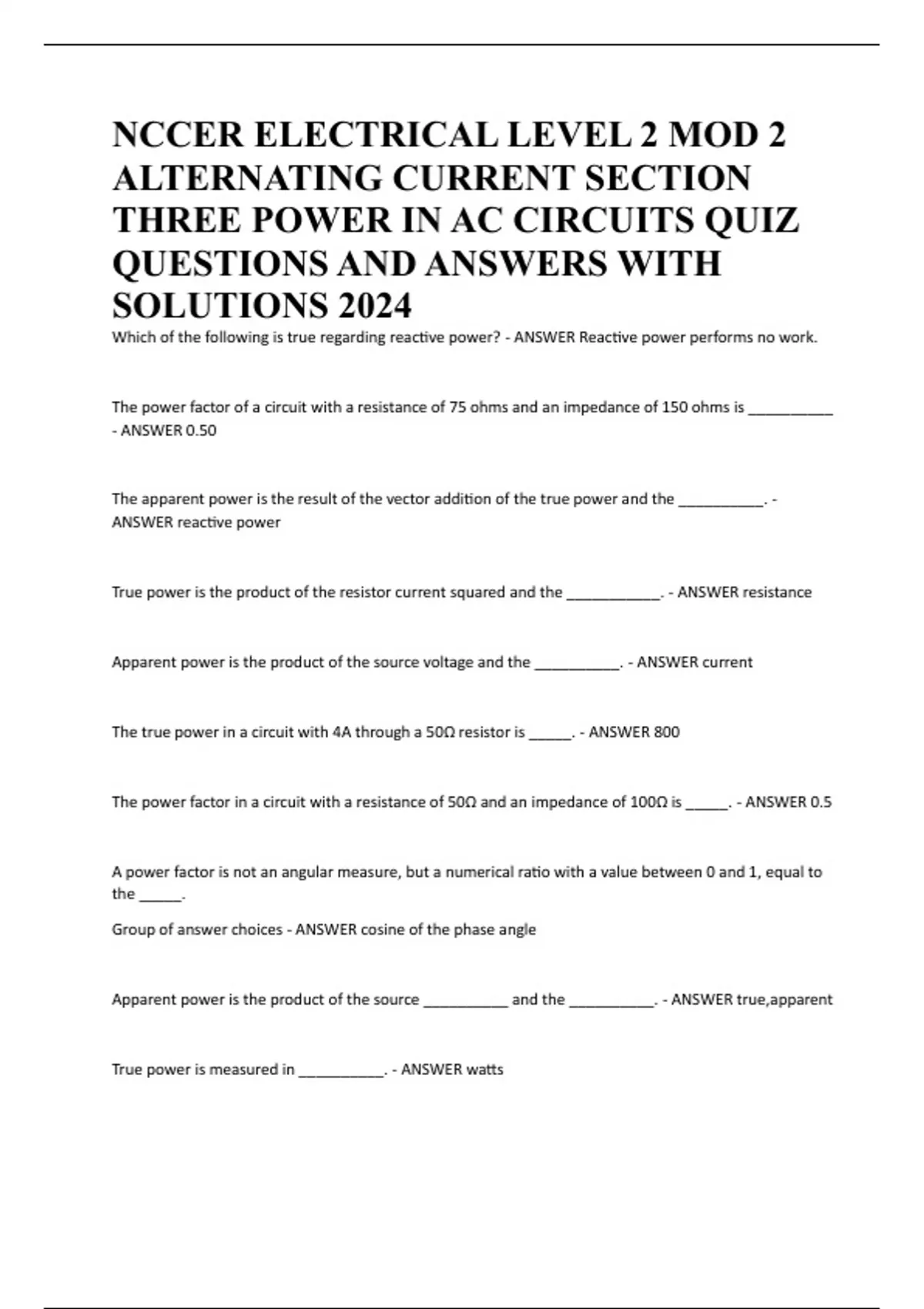 NCCER ELECTRICAL LEVEL 2 MOD 2 ALTERNATING CURRENT SECTION THREE POWER