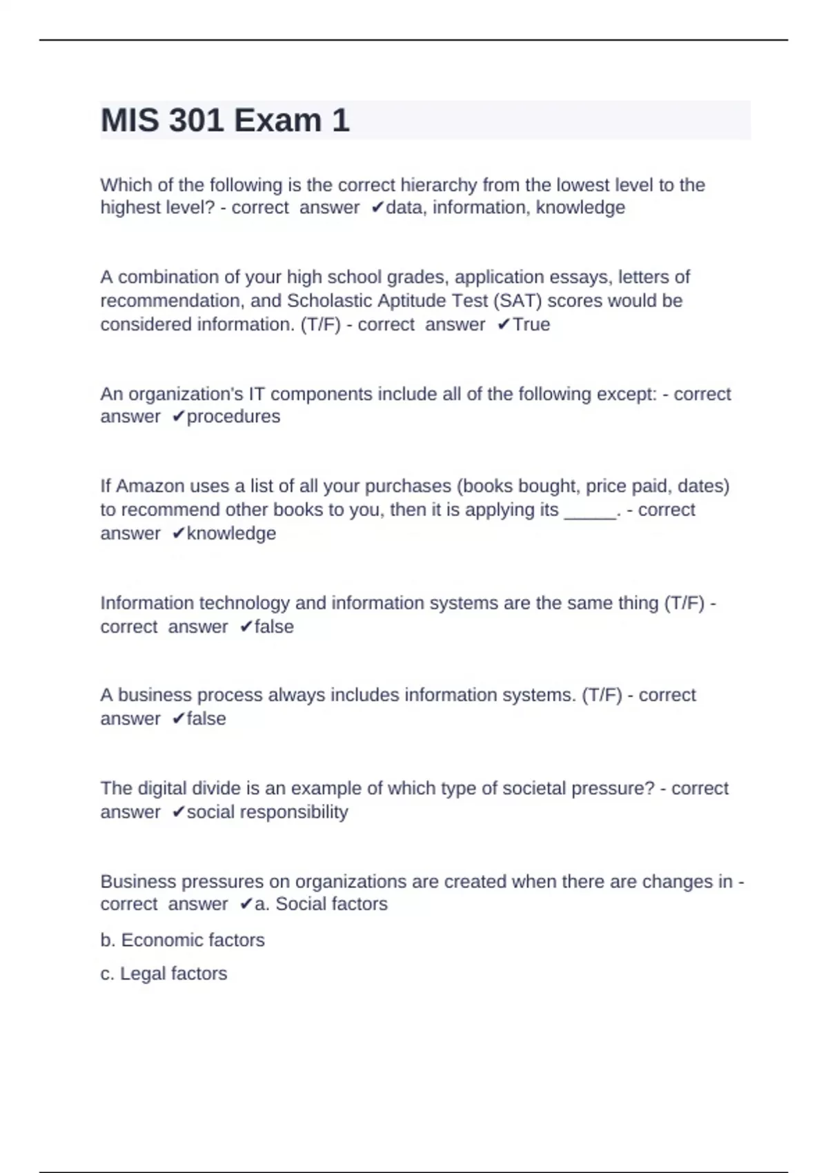 MIS 301 Exam 1 Questions with complete solution 2024 - MIC 301 - Stuvia US