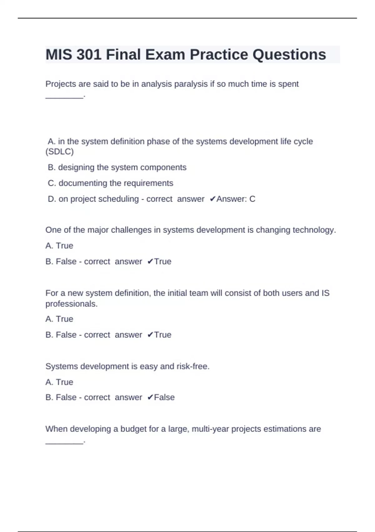 MIS 301 Final Exam Practice Questions and answers correctly solved 2024 ...
