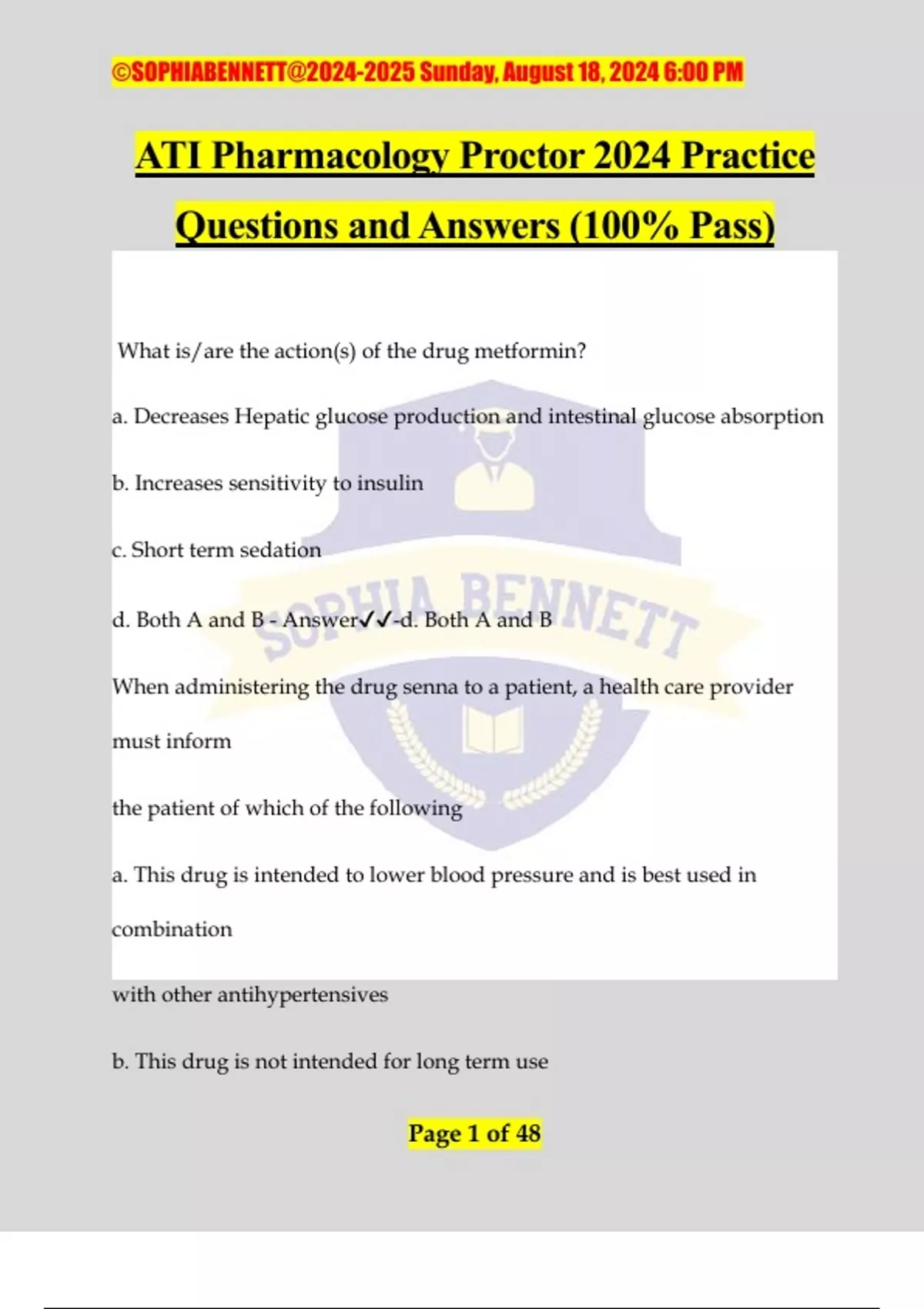 ATI Pharmacology Proctor 2024 Practice Questions and Answers (100% Pass ...