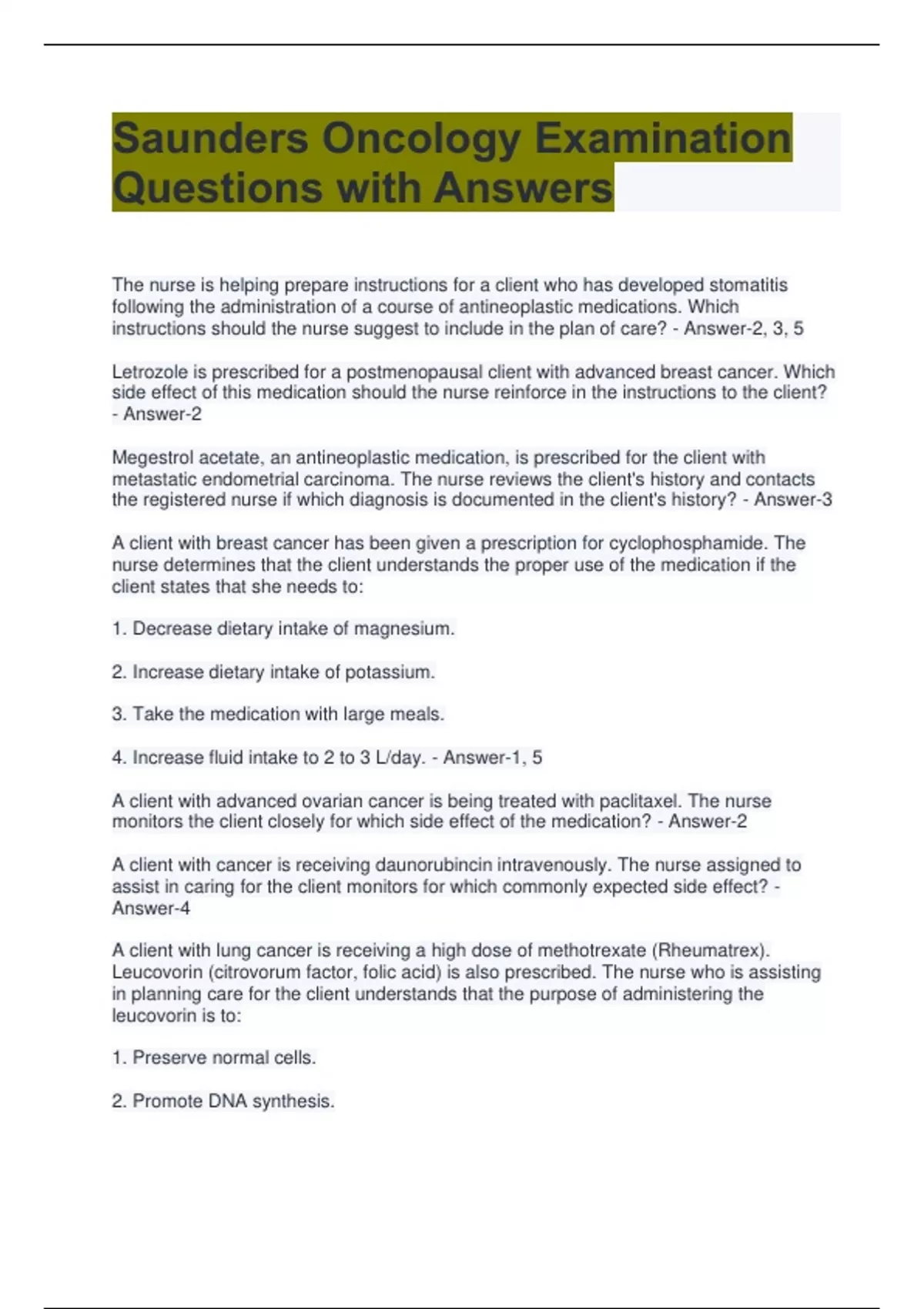 Saunders Sample Question Saunders Oncology Examination Questions with Answers - Saunders ...