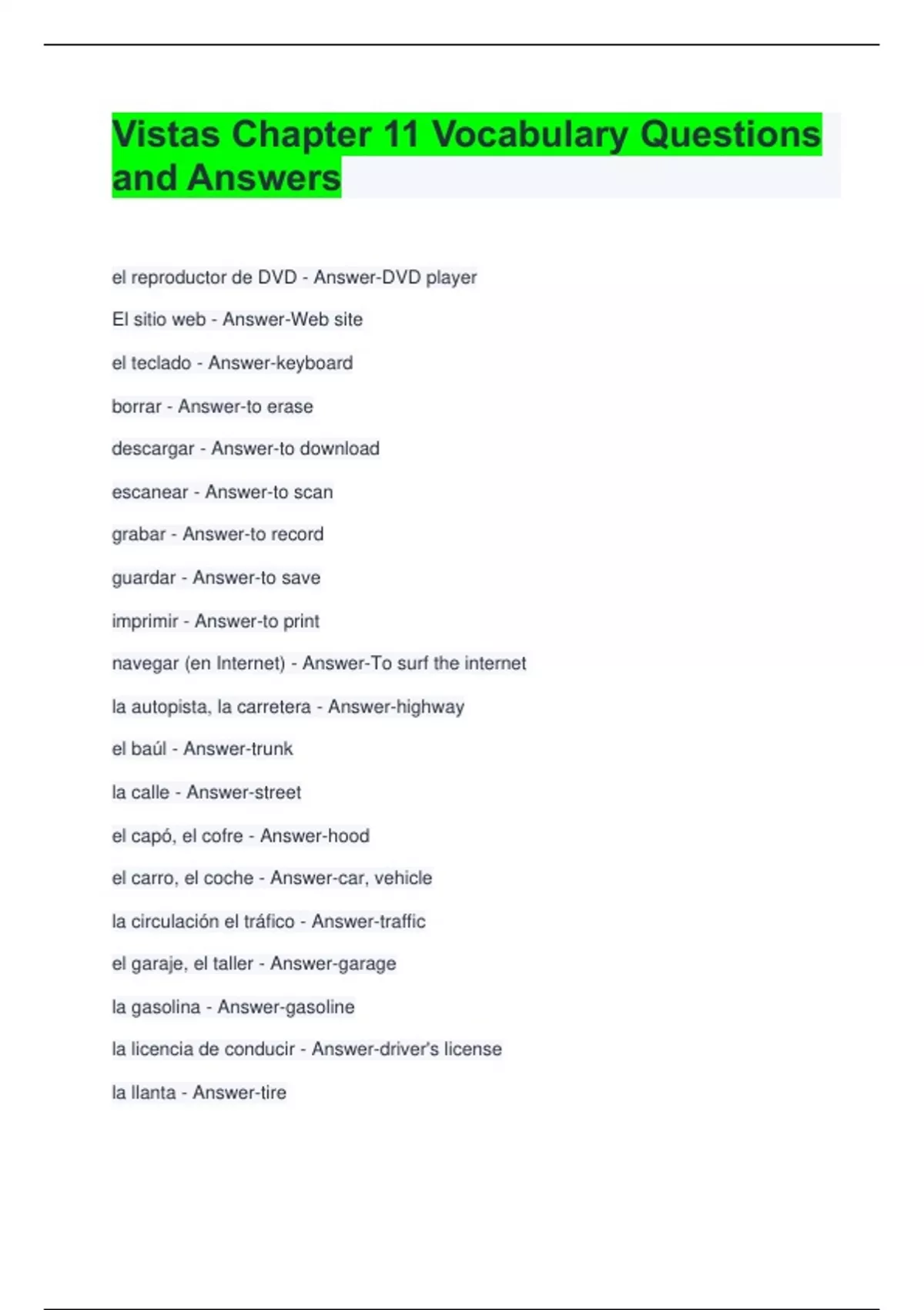 Vistas Chapter 11 Vocabulary Questions and Answers - Vistas Chapter 11 Vocabulary - Stuvia US