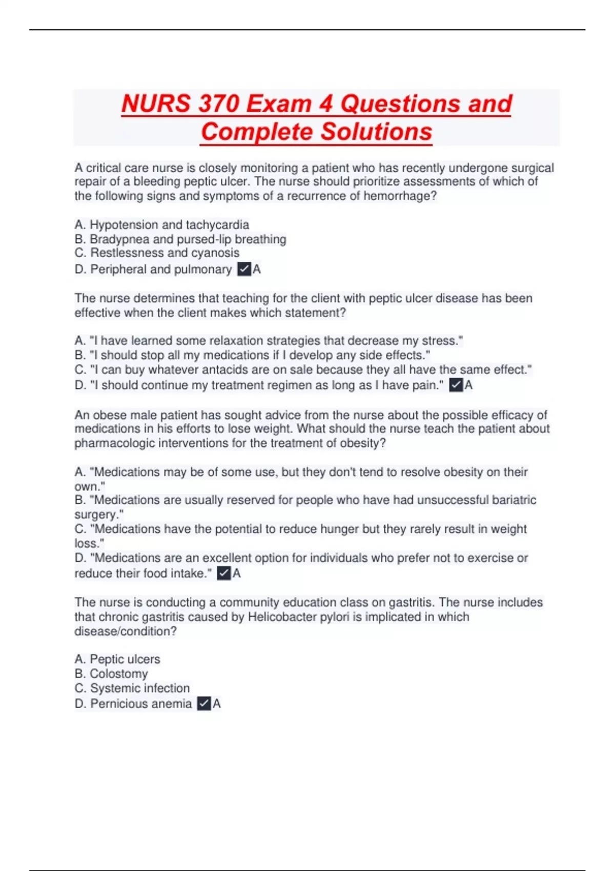 NURS 370 Exam 4 Questions and Complete Solutions - NUR 370 - Stuvia US