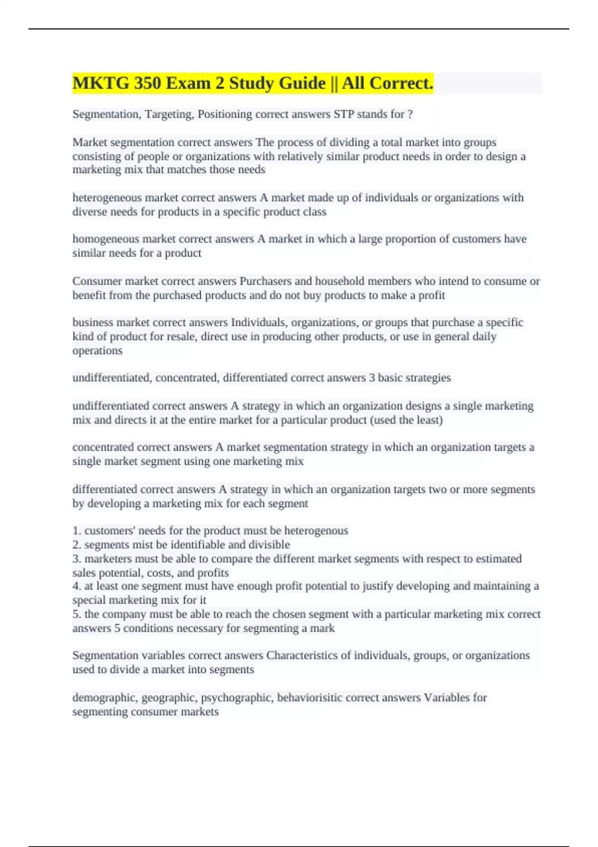 MKTG 350 Exam 2 Study Guide || All Correct. - MKTG 350 - Stuvia US