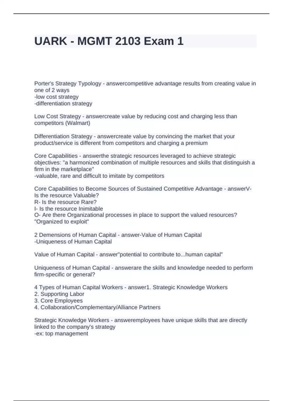 UARK - MGMT 2103 Exam 1 Questions and Answers - UARK MGMT 2103 - Stuvia US