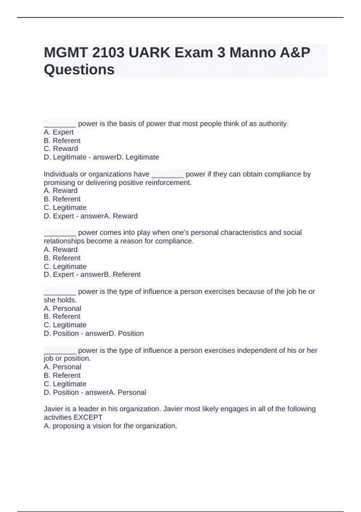 Sample P Question MGMT 2103 UARK Exam 3 Manno A&P Questions with Solutions - UARK MGMT ...