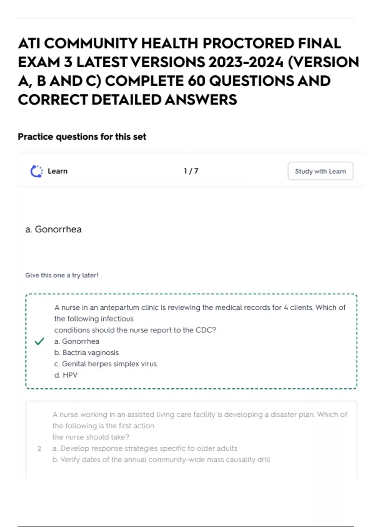 Ati Community Health Proctored Final Exam 3 Latest Versions Version A