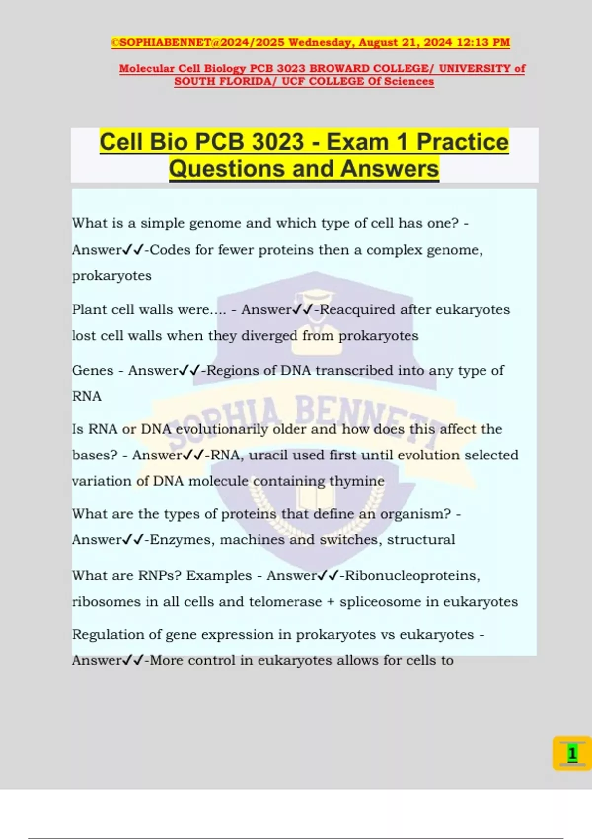 Cell Bio PCB 3023 - Exam 1 Practice Questions and Answers - PCB 3023 ...