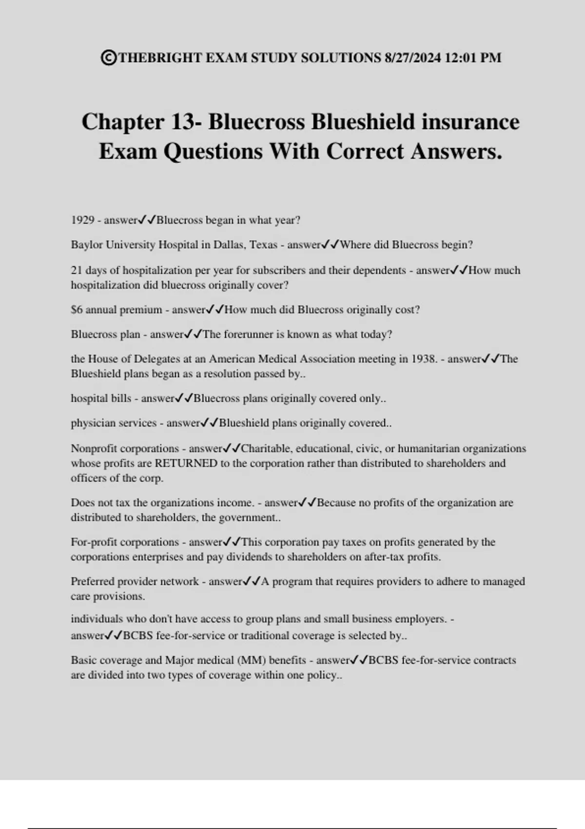 Chapter 13- Bluecross Blueshield insurance Exam Questions With Correct ...