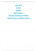 AQA 2024 A-level FRENCH 7652&sol;1 Paper 1 Listening&comma; Reading and Writing Question paper and Mark scheme