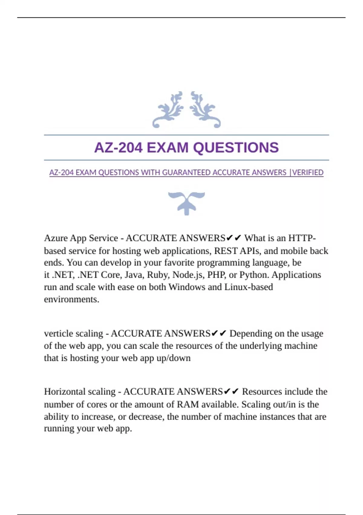 AZ-204 EXAM QUESTIONS WITH GUARANTEED ACCURATE ANSWERS |VERIFIED - AZ ...