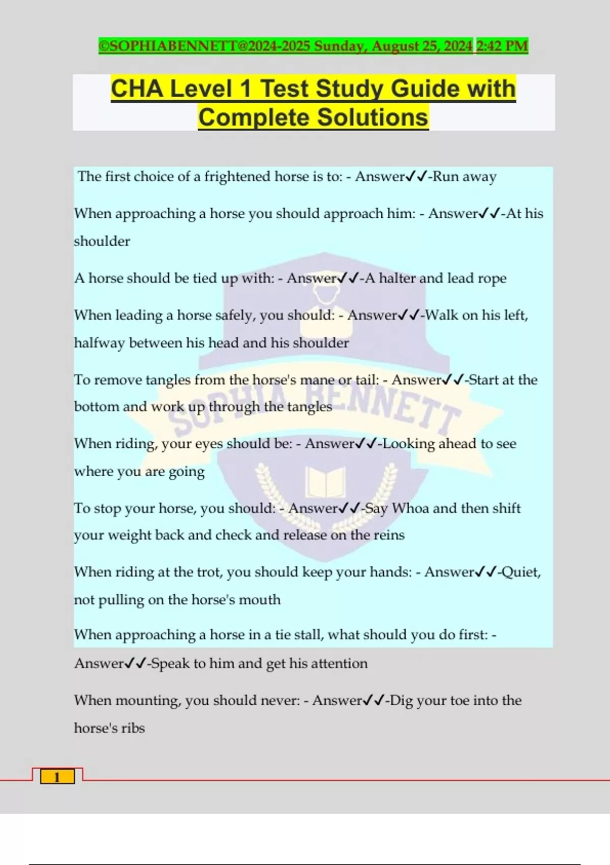 CHA Level 1 Test Study Guide with Complete Solutions - CHA - Stuvia US