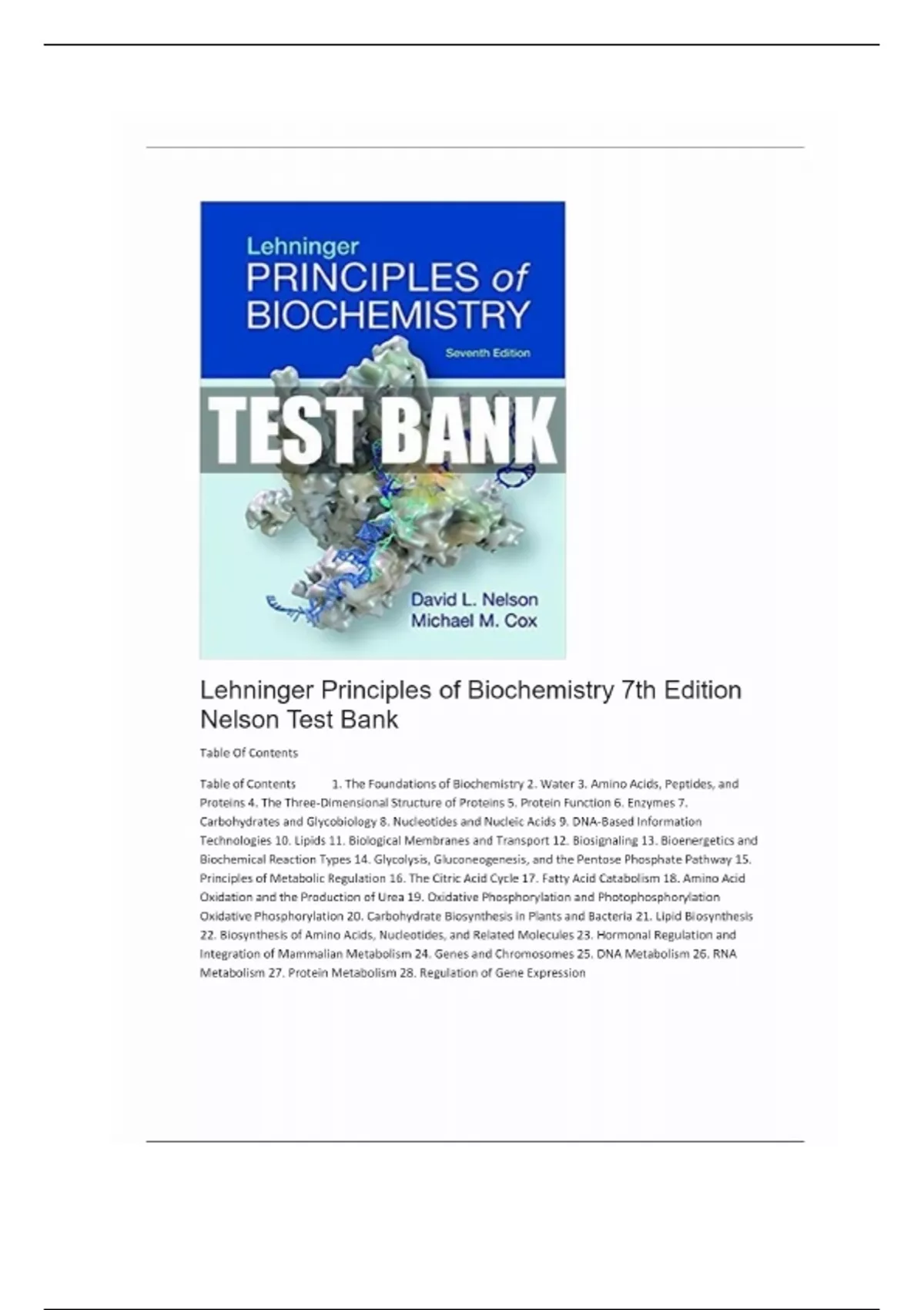 Test Bank for Lehninger Principles of Biochemistry 7th Edition by ...