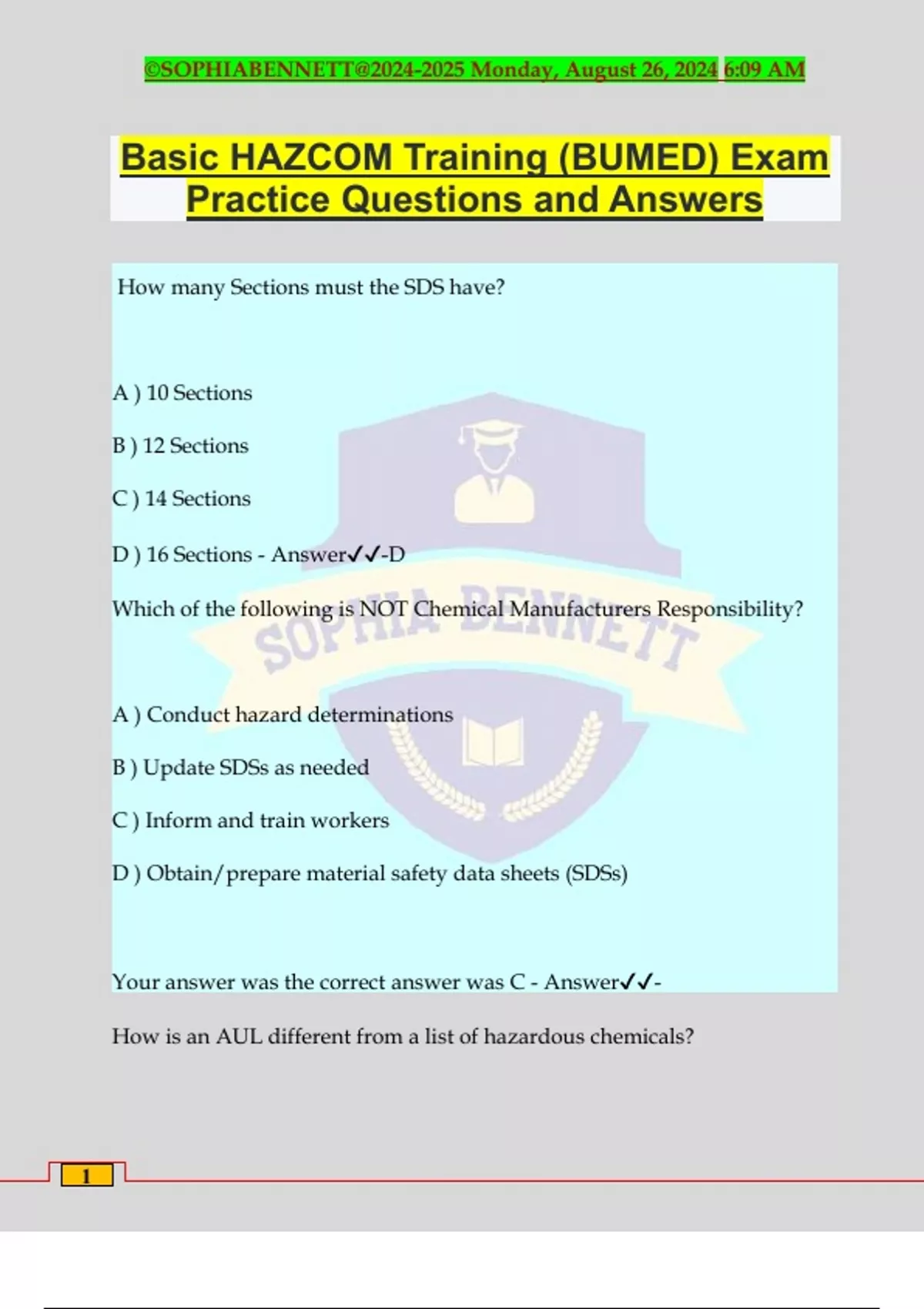 Basic HAZCOM Training (BUMED) Exam Practice Questions and Answers ...