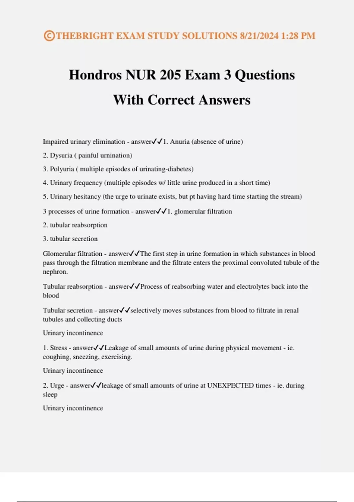 Hondros NUR 205 Exam 3 Questions With Correct Answers - NUR 205 - Stuvia US
