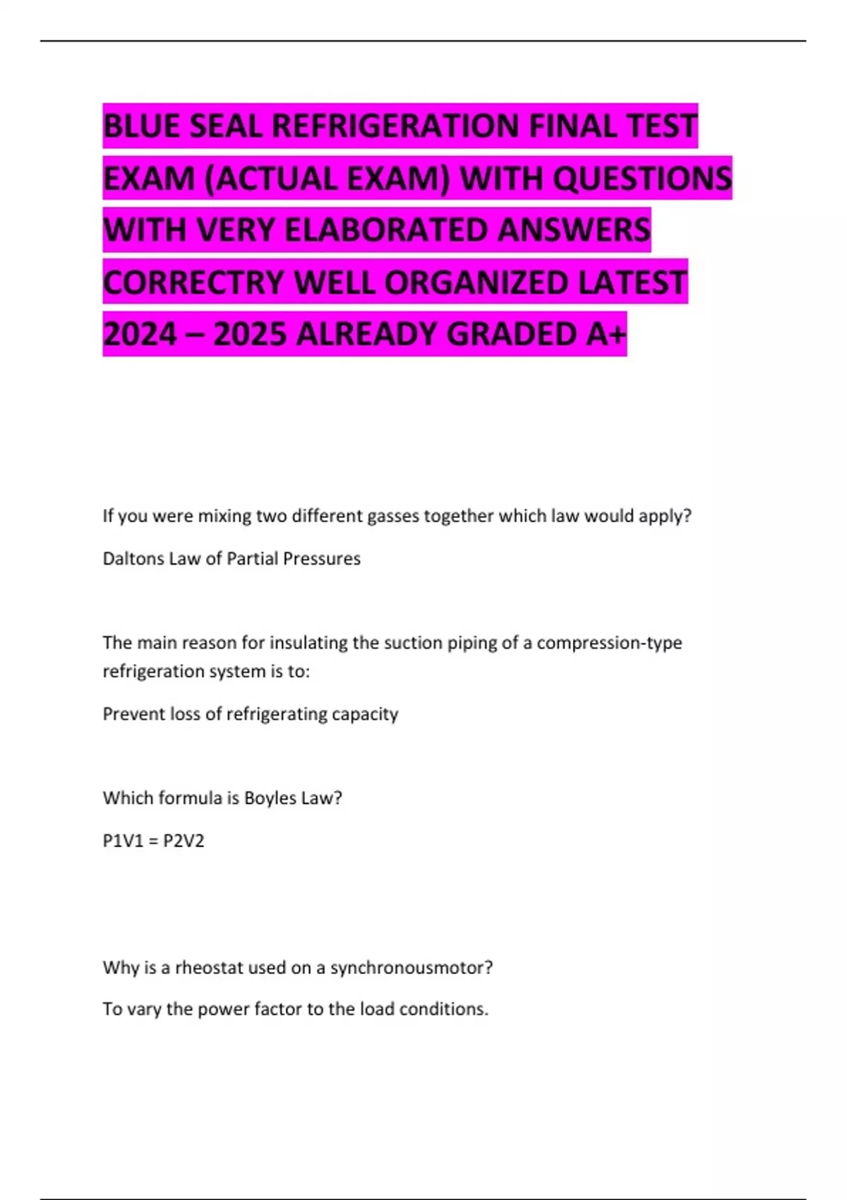 BLUE SEAL REFRIGERATION FINAL TEST EXAM (ACTUAL EXAM) WITH QUESTIONS ...