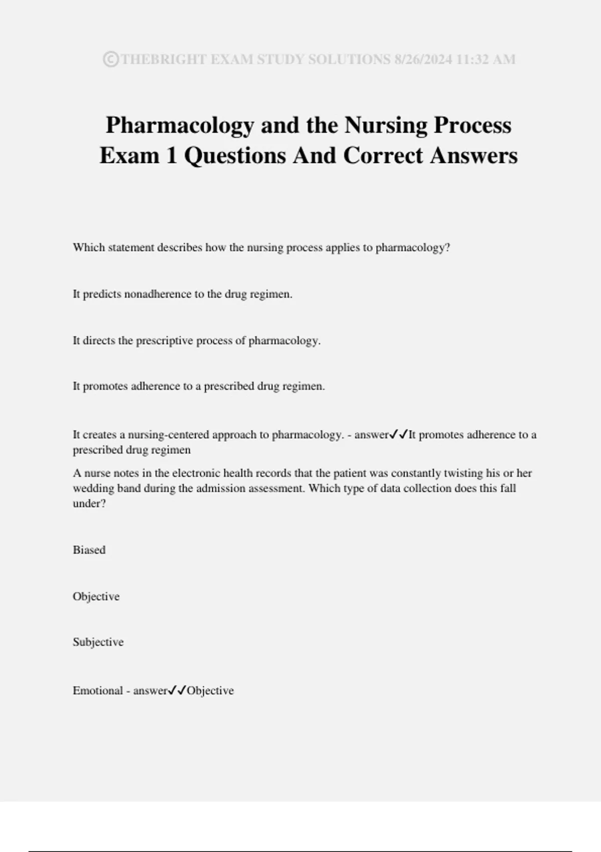Pharmacology and the Nursing Process Exam 1 Questions And Correct ...