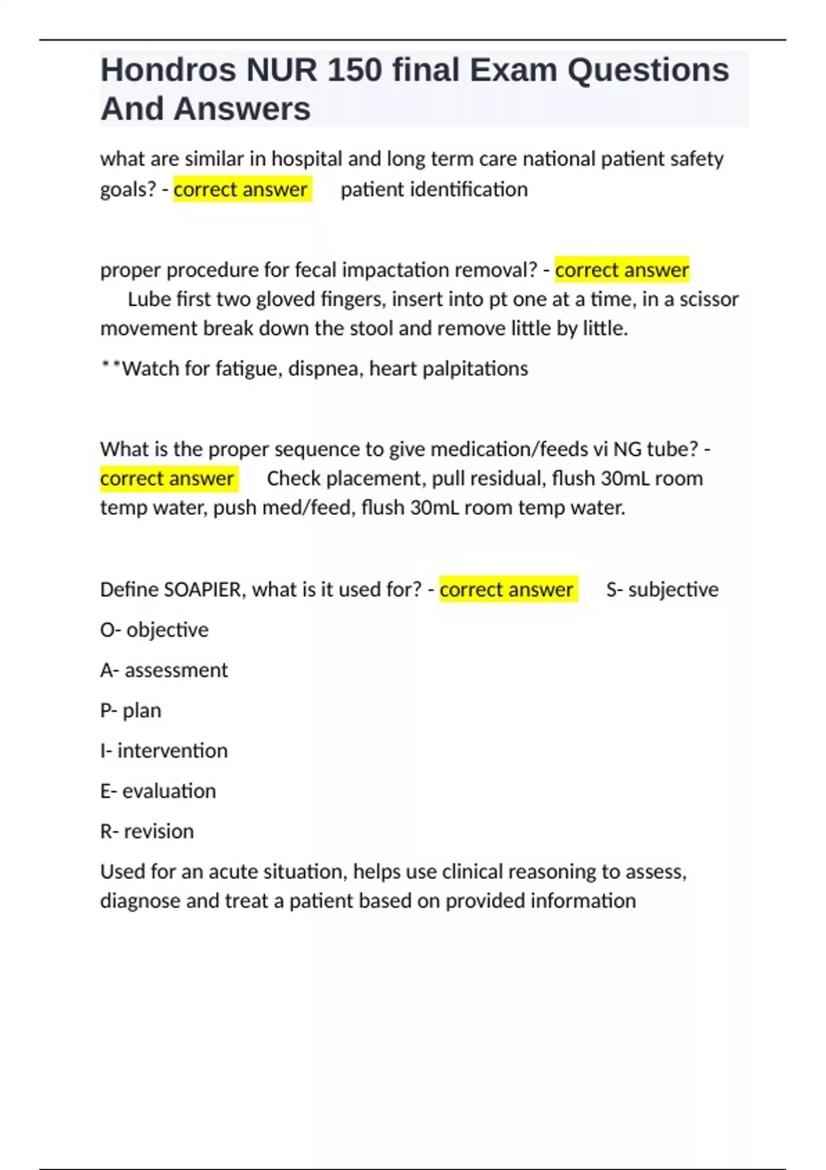 Hondros NUR 150 final Exam Questions And Answers - Hondros NUR 150 ...