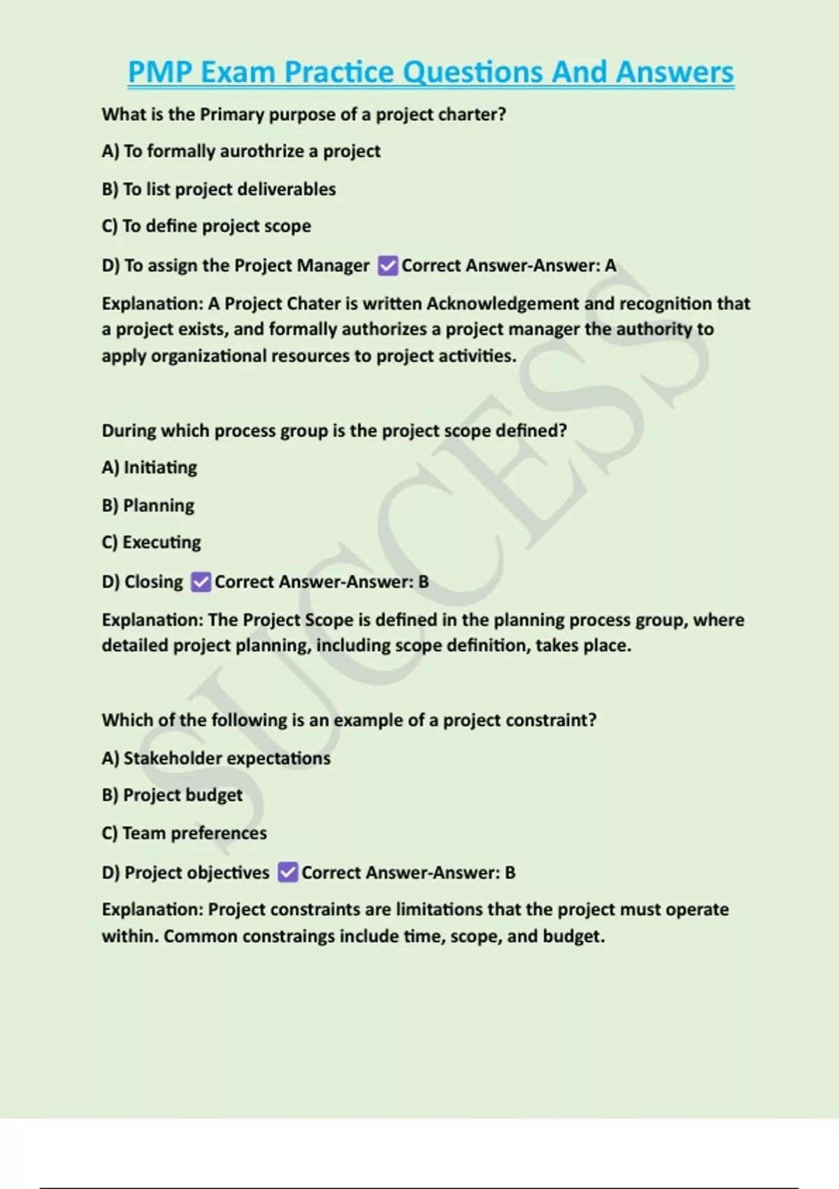 PMP Exam Practice Questions And Answers - PMP - Stuvia US