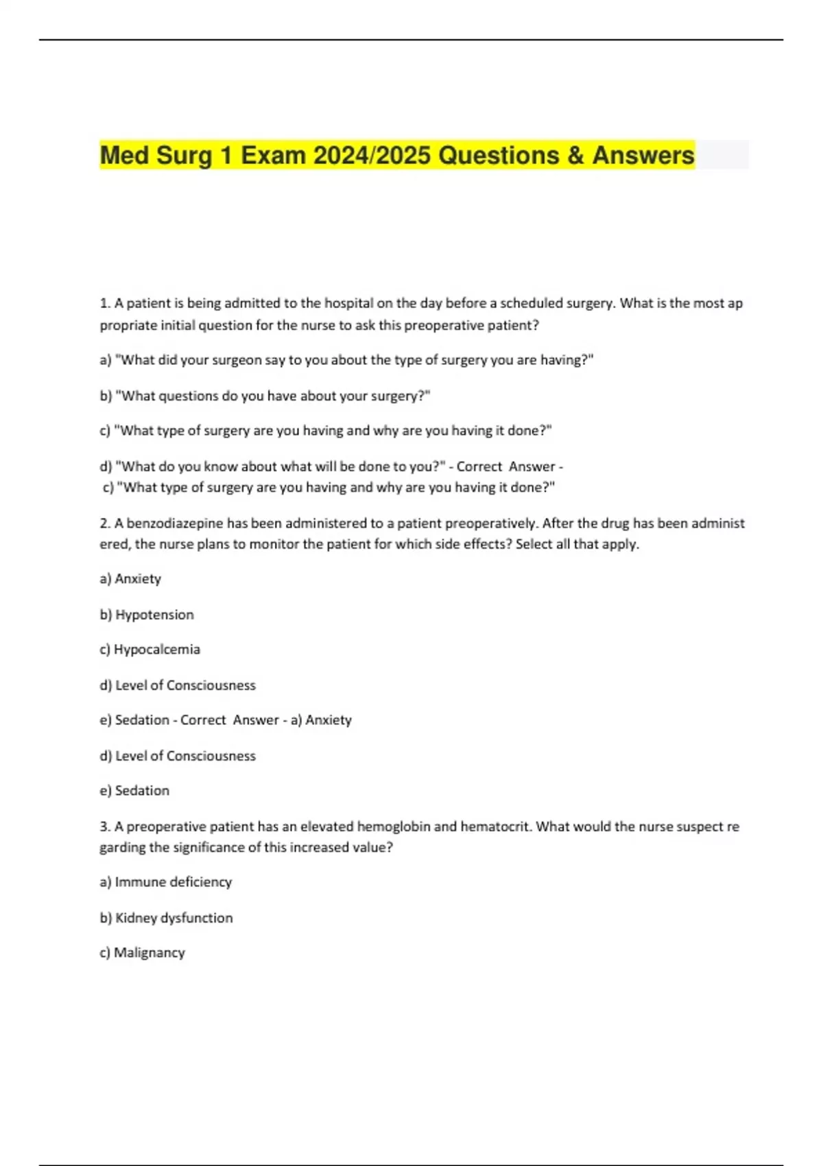 Med Surg 1 Exam 2024/2025 Questions & Answers - Med surg 1 - Stuvia US