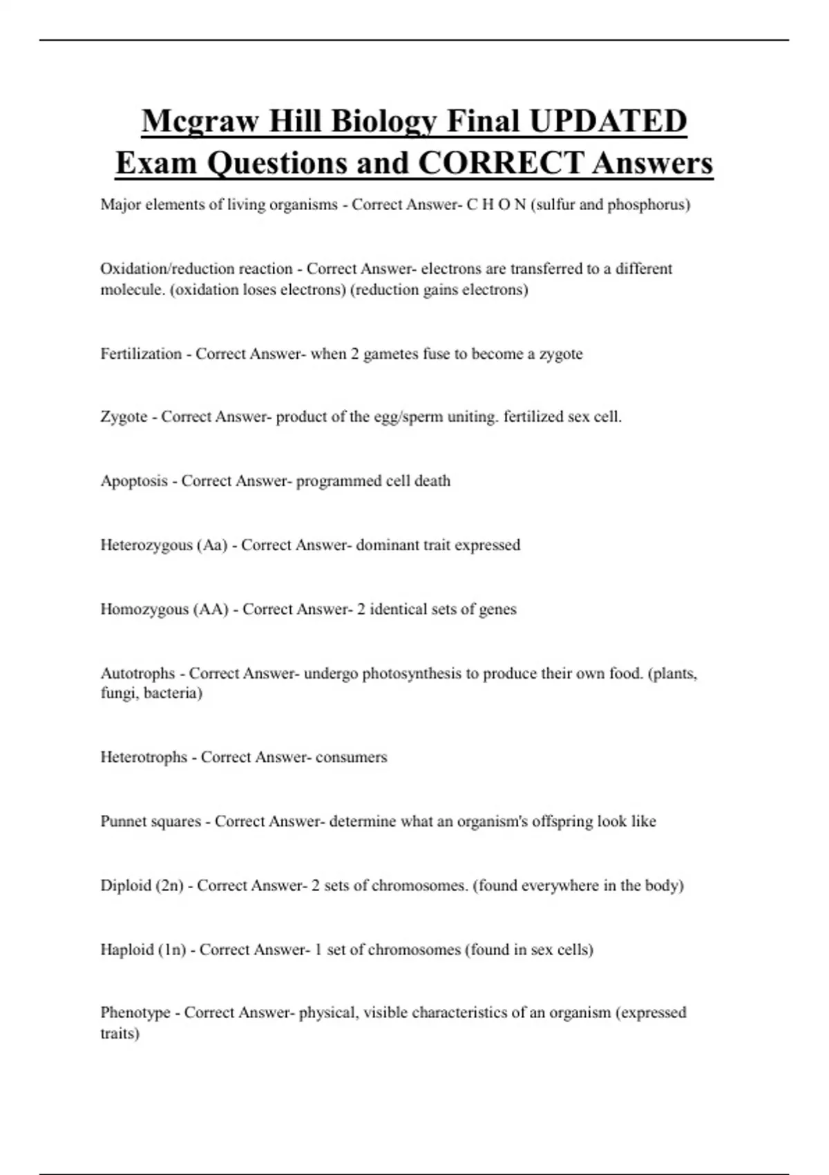 Mcgraw Hill Biology Final UPDATED Exam Questions and CORRECT Answers - Mcgraw Hill - Stuvia US