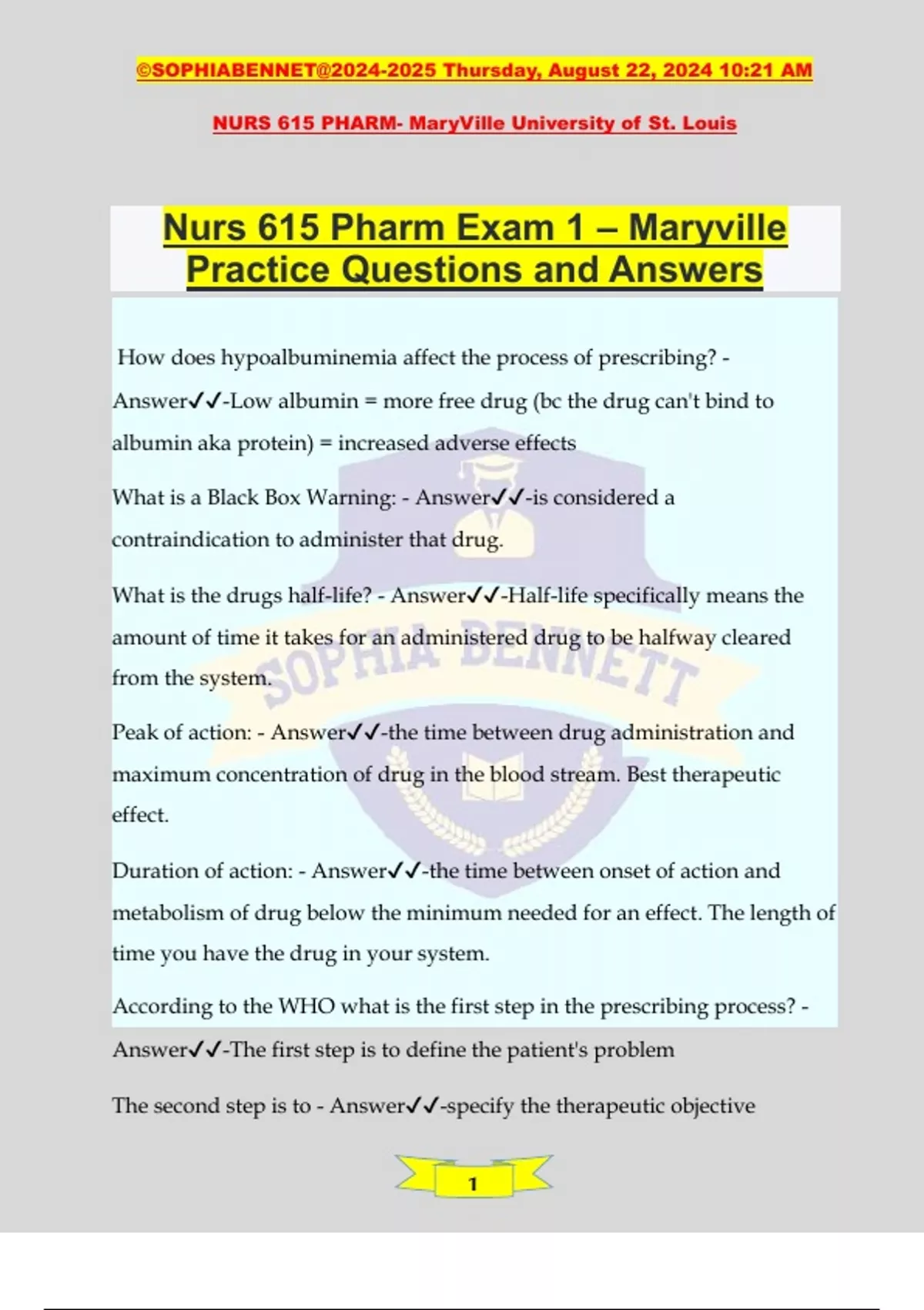 Nurs 615 Pharm Exam 1 – Maryville Practice Questions and Answers ...