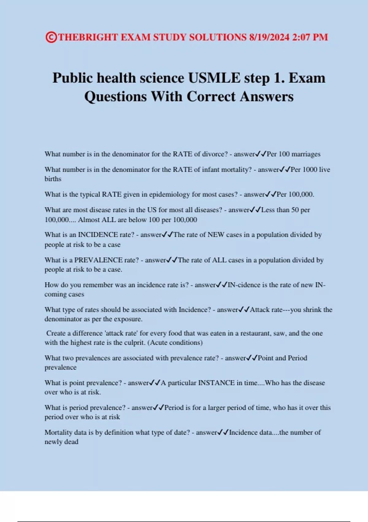 Public health science USMLE step 1. Exam Questions With Correct Answers ...